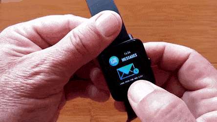 black smartwatch, new message notification, wooden surface, SD Desktop Wallpaper