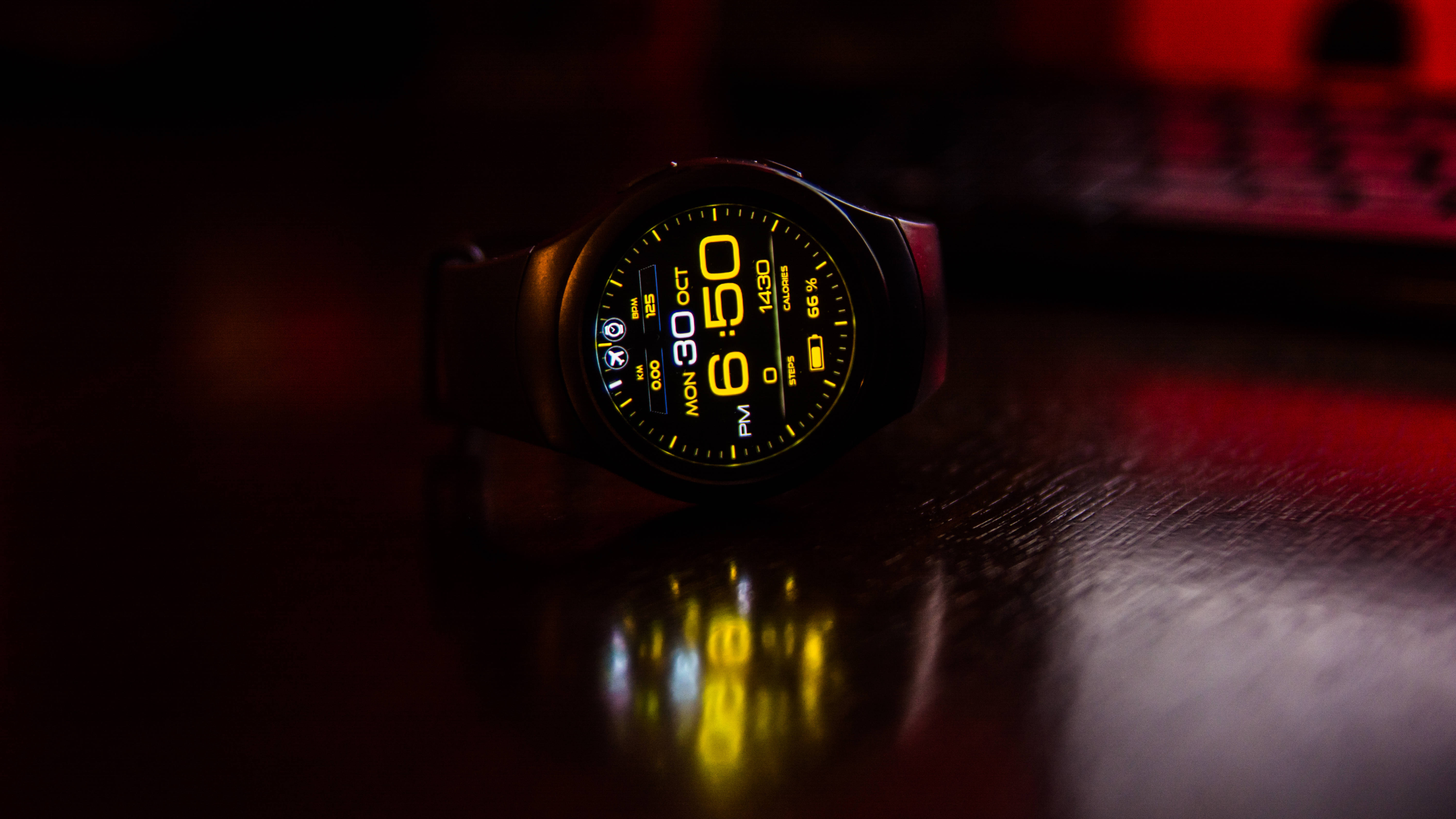 black smartwatch, yellow LED display, 6:50 PM, 5K Desktop Wallpaper