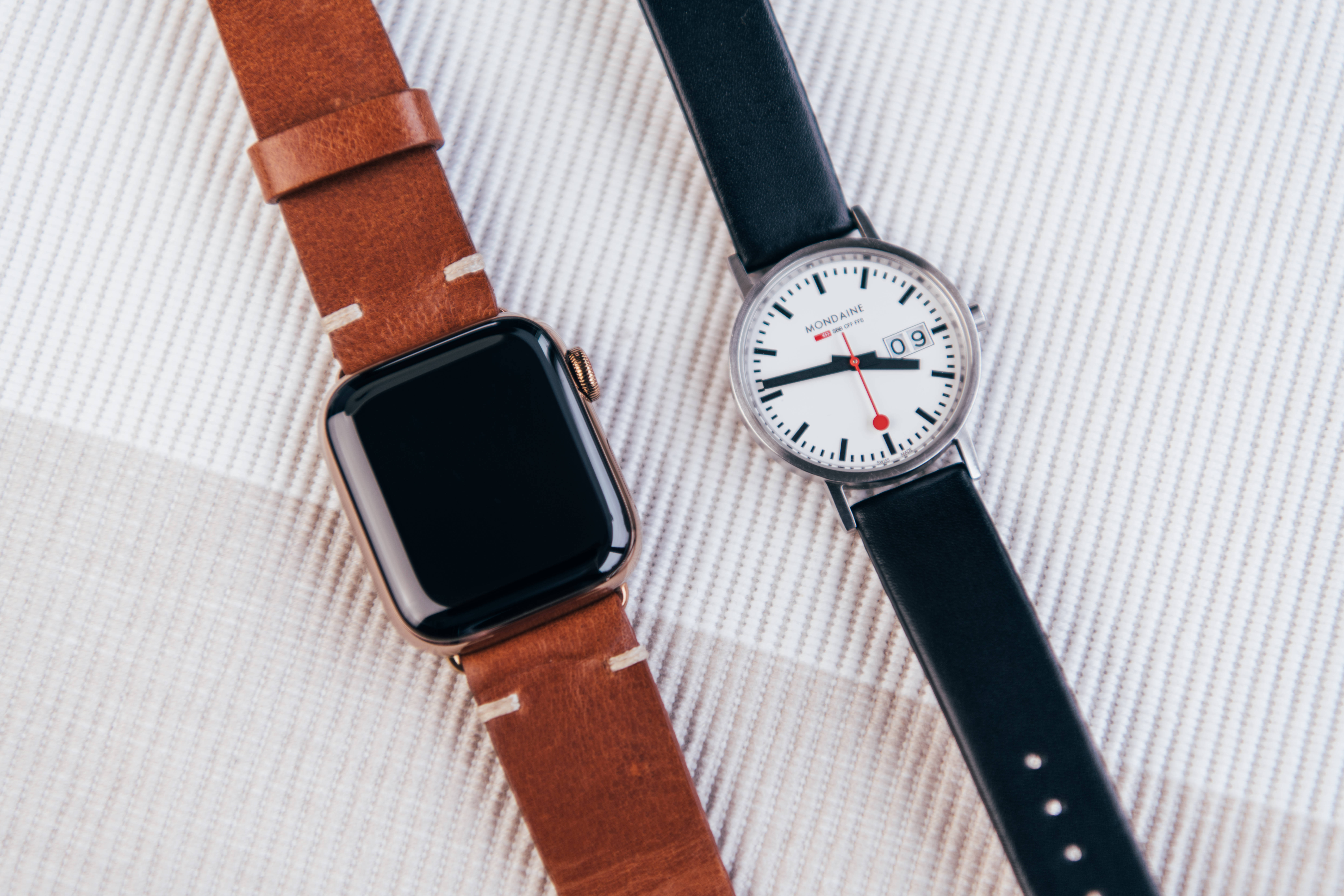 smartwatch, analog wristwatch, brown leather strap, 8K Desktop Wallpaper