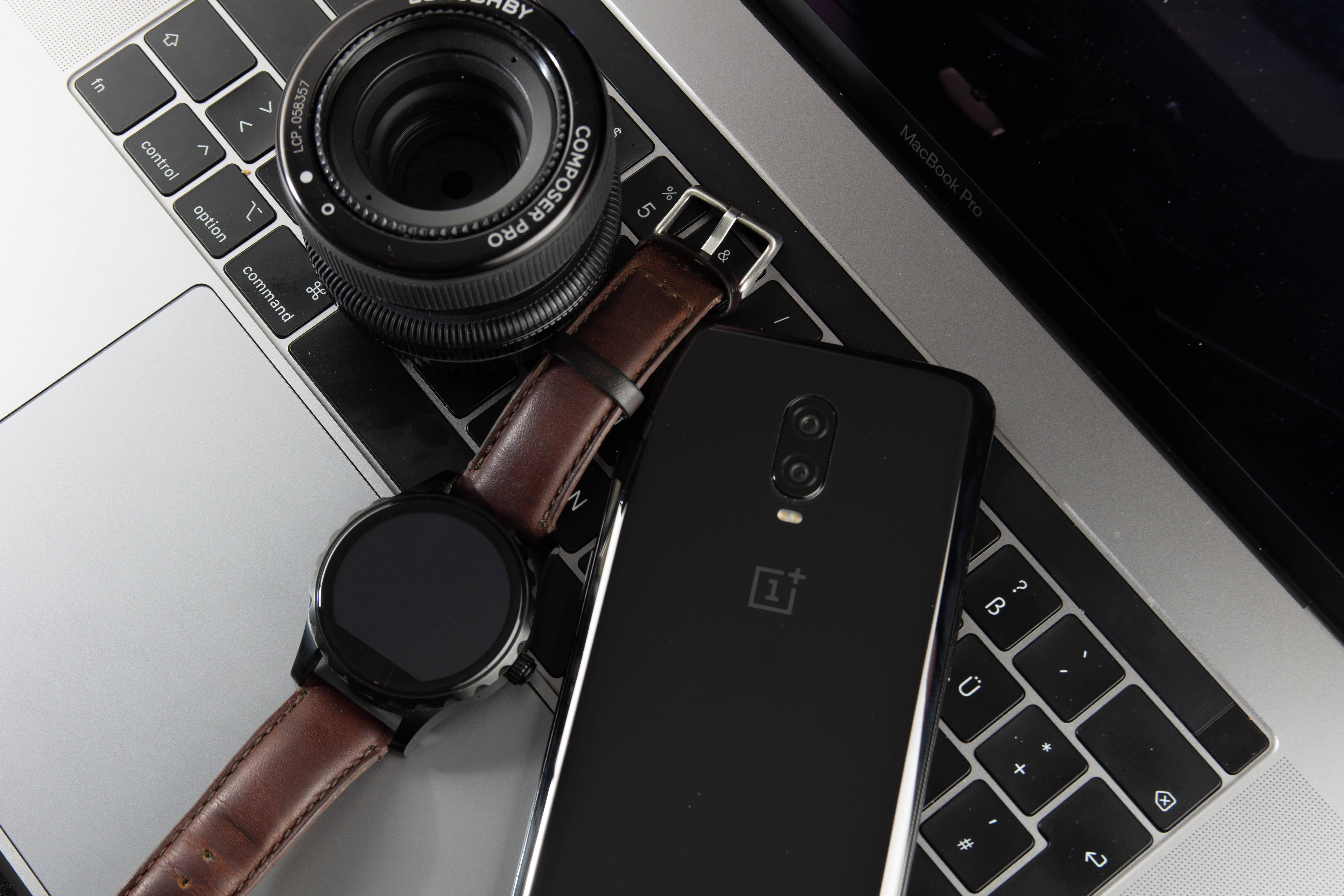 leather smartwatch, black smartphone, silver laptop keyboard, 5K Desktop Wallpaper