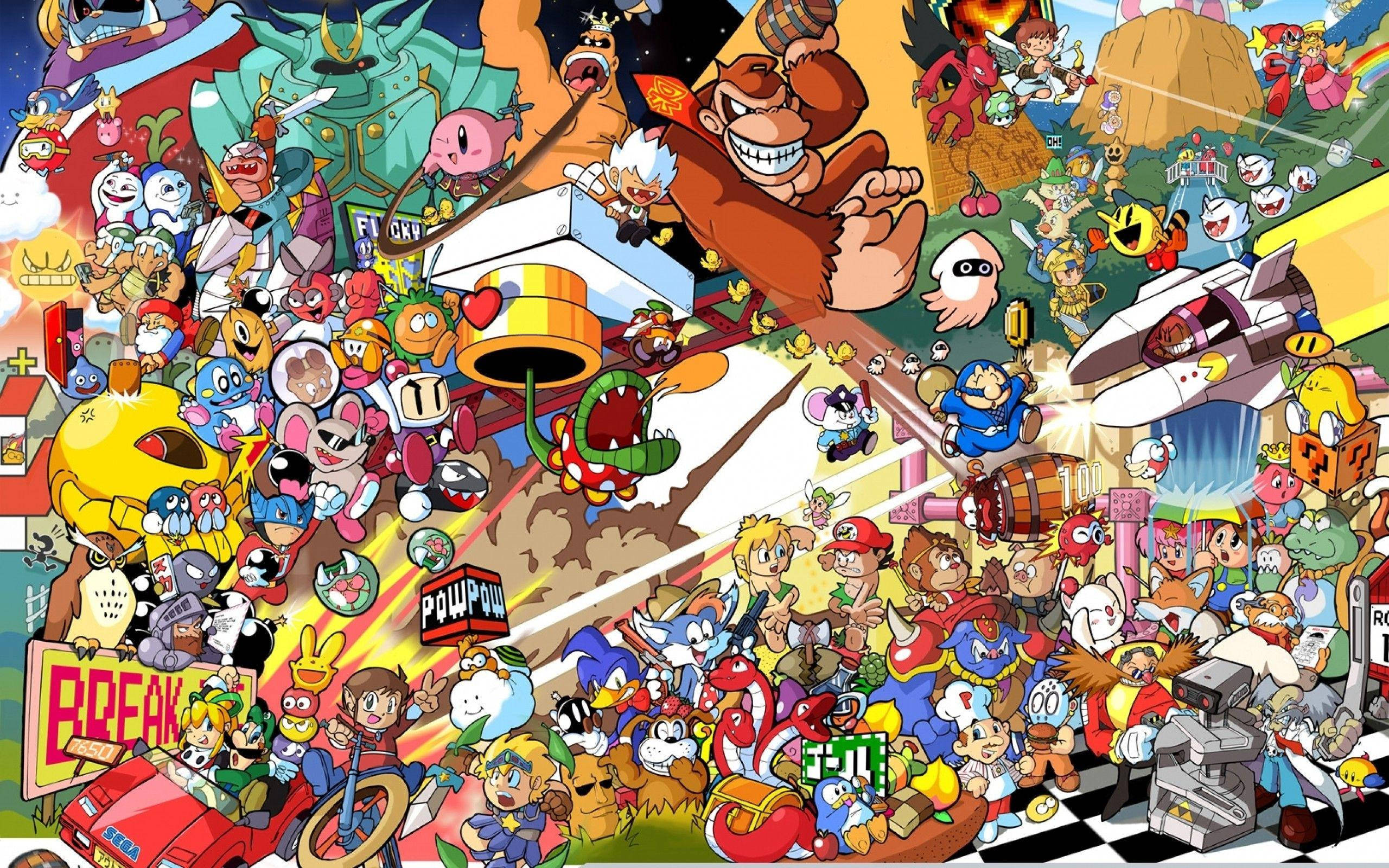 Smash Bros Ultimate, 2d cartoon style, chaotic explosion, 2K Desktop Wallpaper