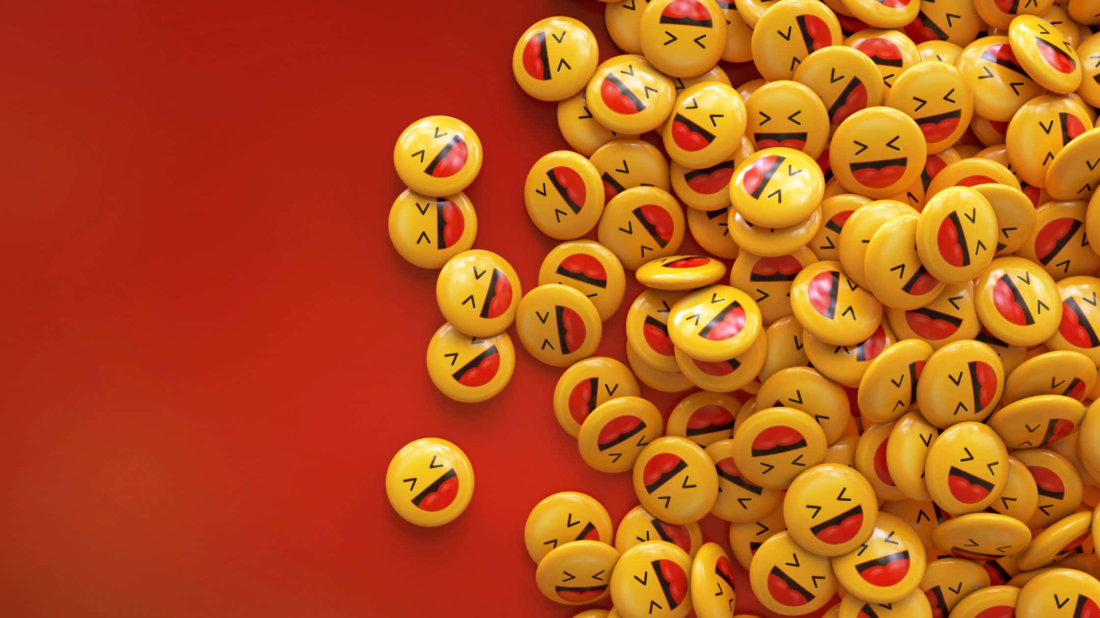 yellow smiley face buttons, mischievous grins, bold red background, Full HD Desktop Wallpaper