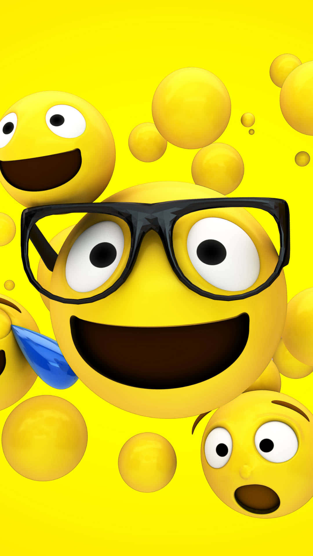 yellow smile emoji glasses, blue tongue, floating yellow emoji bubbles, Full HD Phone Wallpaper