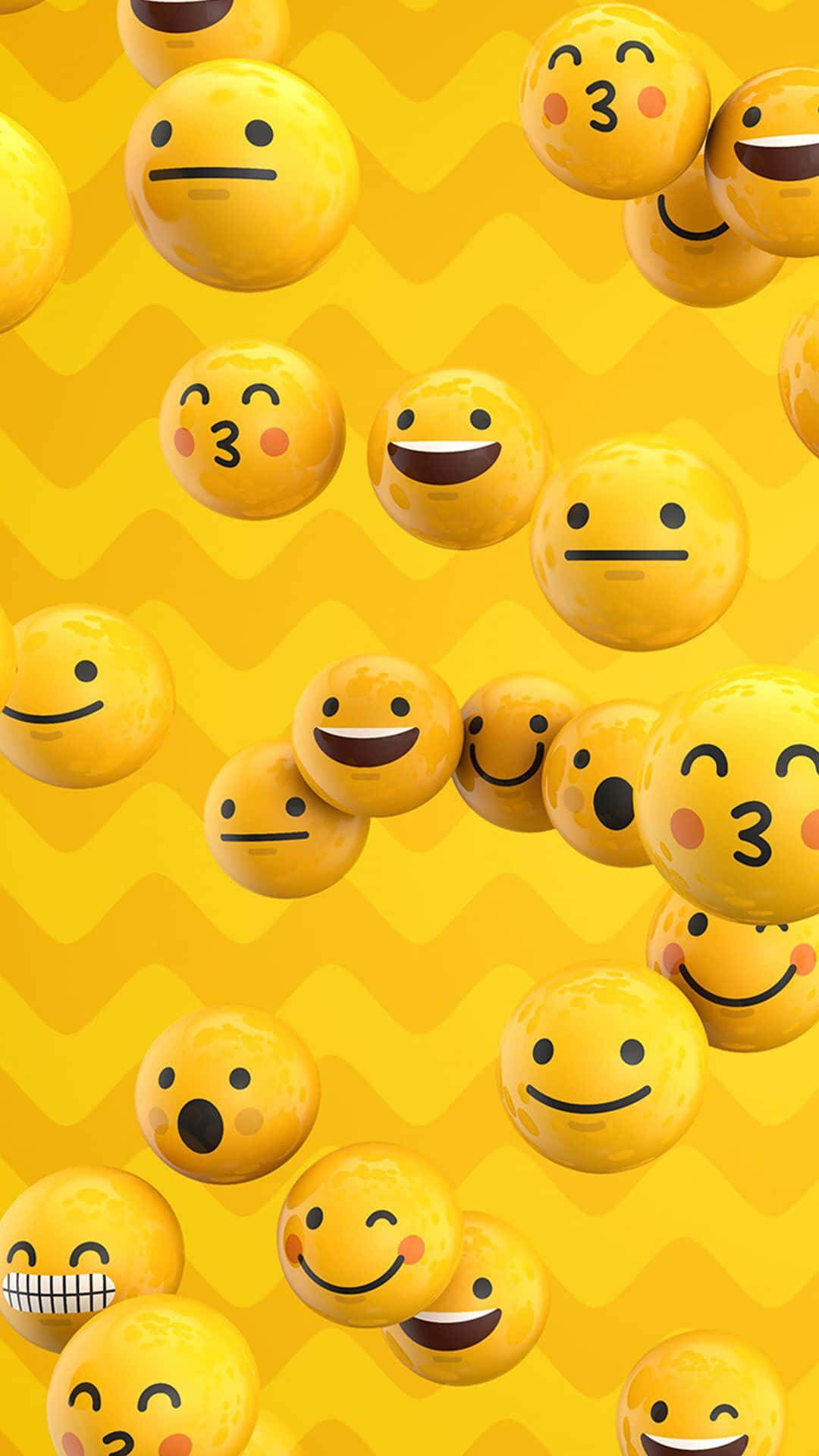 Floating Kiss Meh Smile, vibrant 3d-rendered emoji faces, bold yellow zigzag patterned background, Full HD Phone Wallpaper