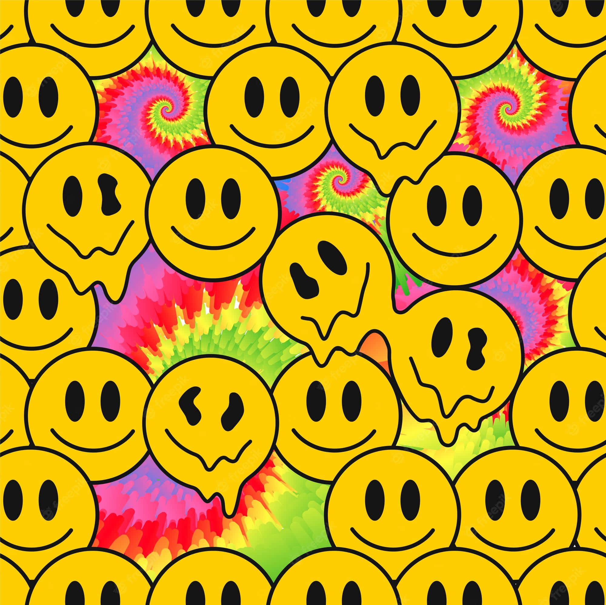 Smile Emoji, vibrant yellow, psychedelic tie-dye swirls, Full HD Desktop Wallpaper