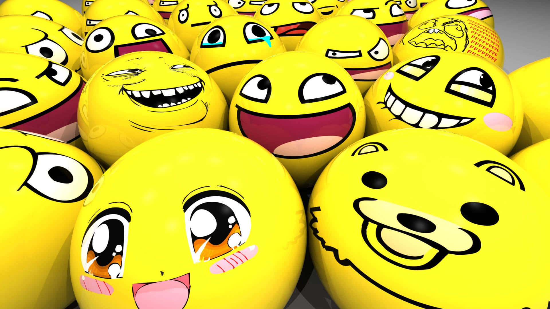 Smile Emoji, glossy yellow emoji spheres, exaggerated cartoonish expressions, Full HD Desktop Wallpaper