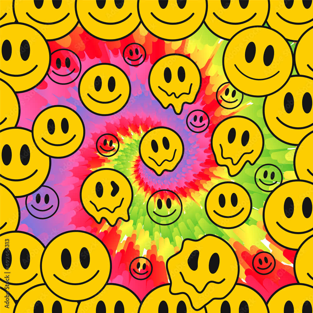 melting hippie smile emoji, tie-dye background, yellow smiley faces, SD Desktop Wallpaper