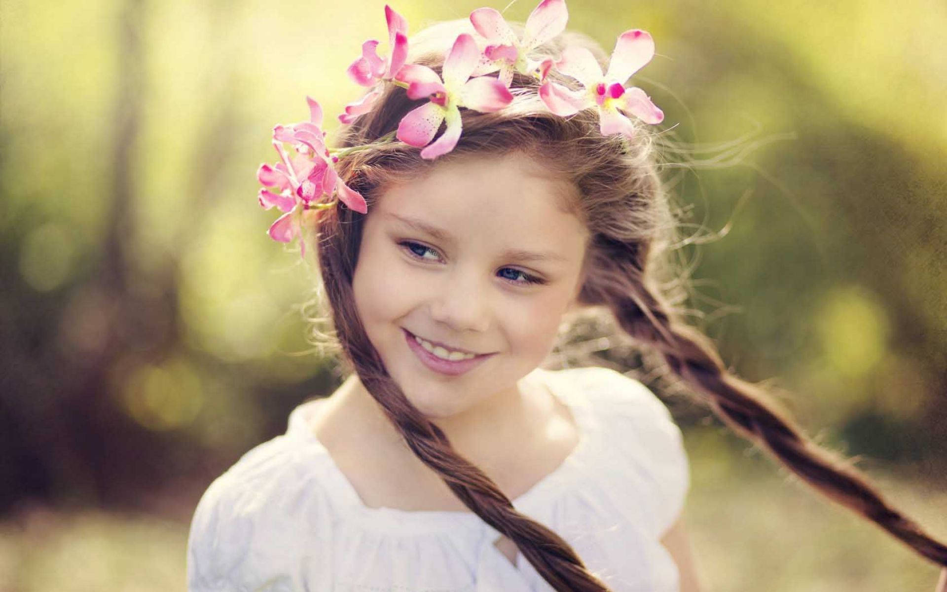 pretty girl smile, braided hair, pink orchid crown, Full HD Desktop Wallpaper