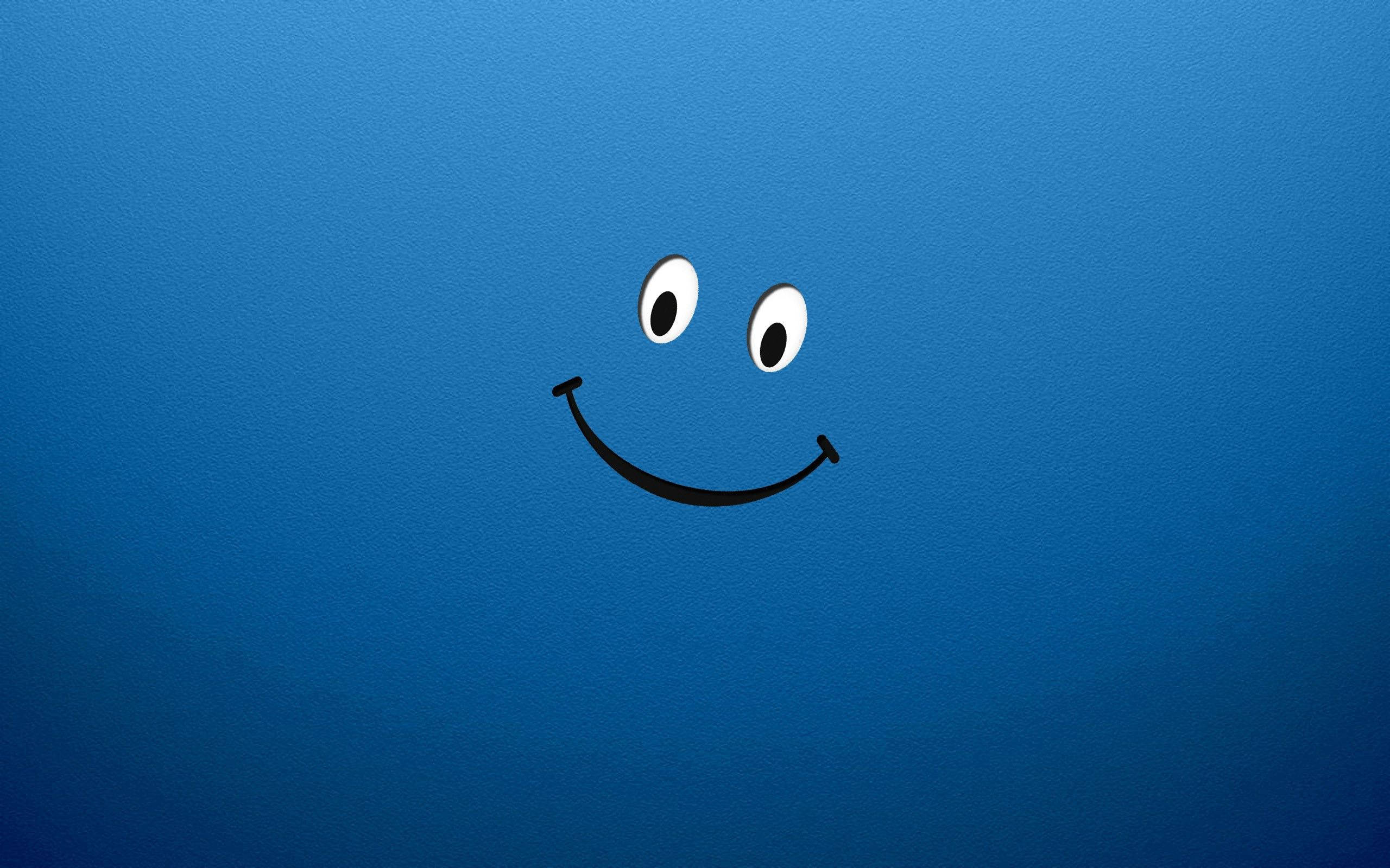 blue cartoon smiley face, big eyes, textured blue background, 2K Desktop Wallpaper