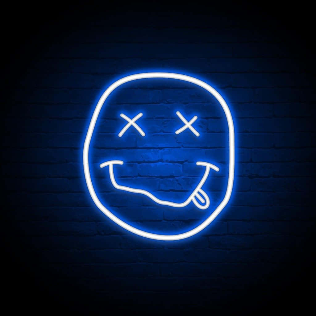 blue neon smiley face, x eyes, tongue sticking out, SD Desktop Wallpaper