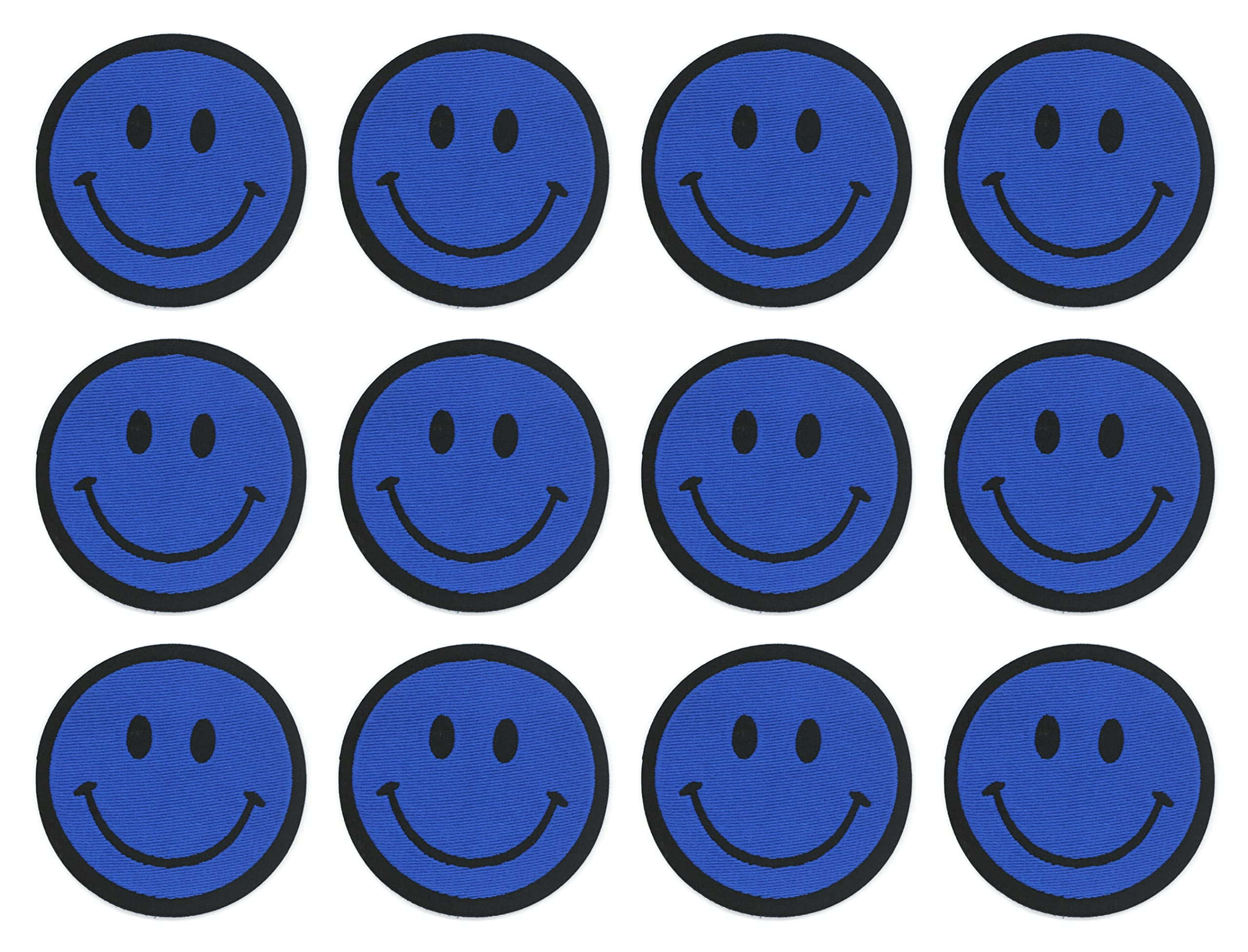 blue embroidered smiley face patches, black outlines, white background, 2K Desktop Wallpaper