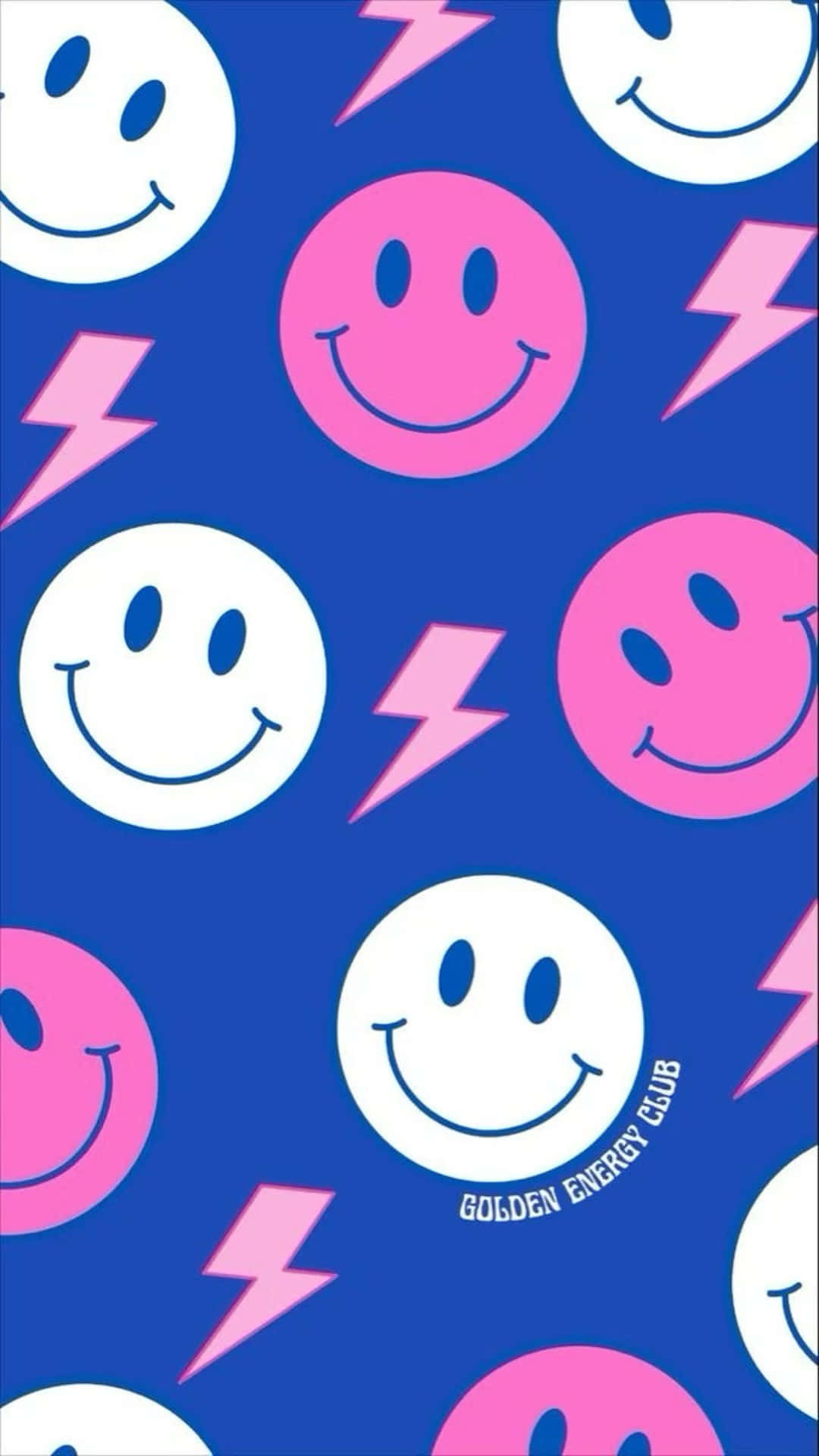 blue preppy smiley face pattern, vibrant blue background, repeating pink and white smiley faces, Full HD Phone Wallpaper