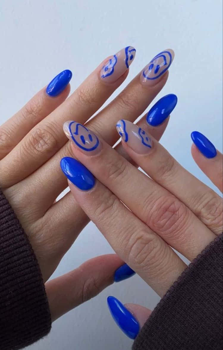 blue smiley face, nail art, vibrant blue, SD Phone Wallpaper