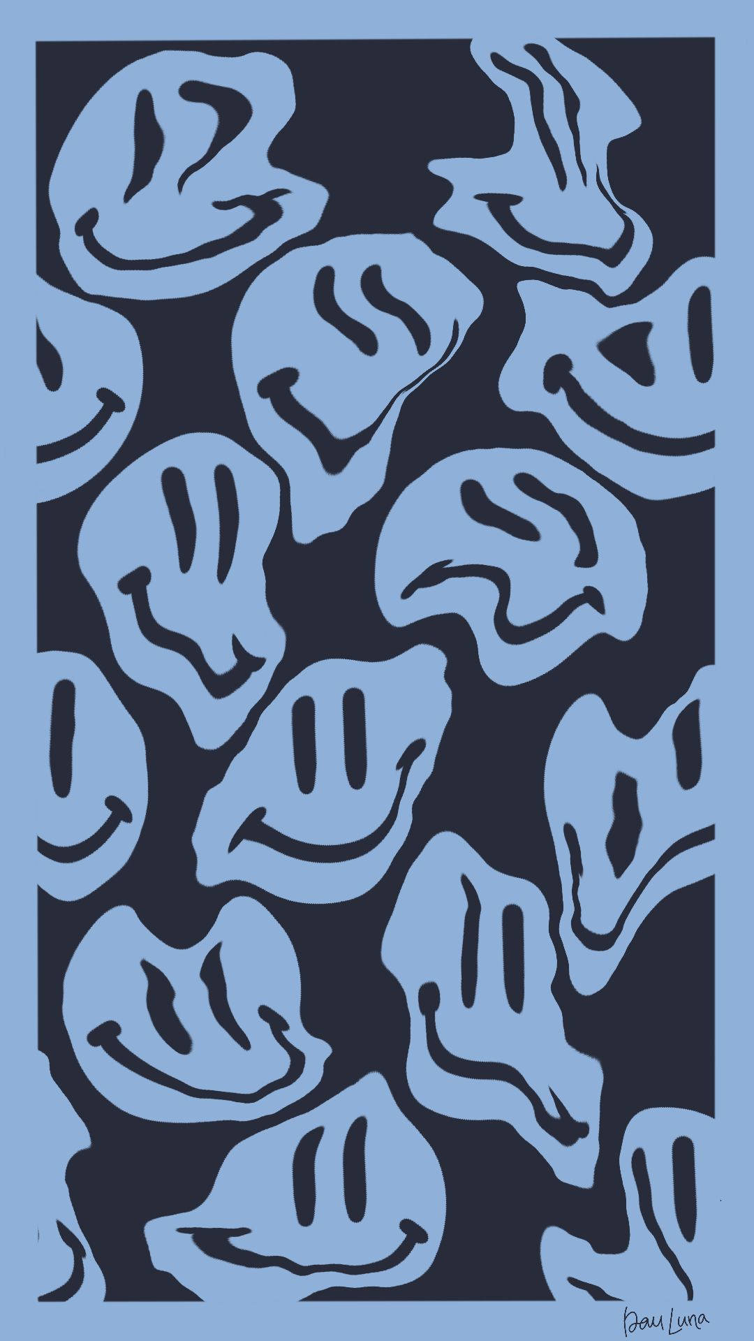 Preppy Smiley Face Warped Blue Pattern, blue smiley faces, black outlines, Full HD Phone Wallpaper