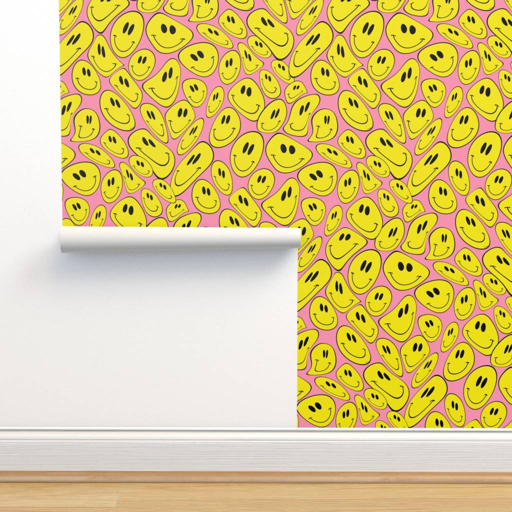 yellow smiley faces, pink wallpaper, white wall, SD Desktop Wallpaper