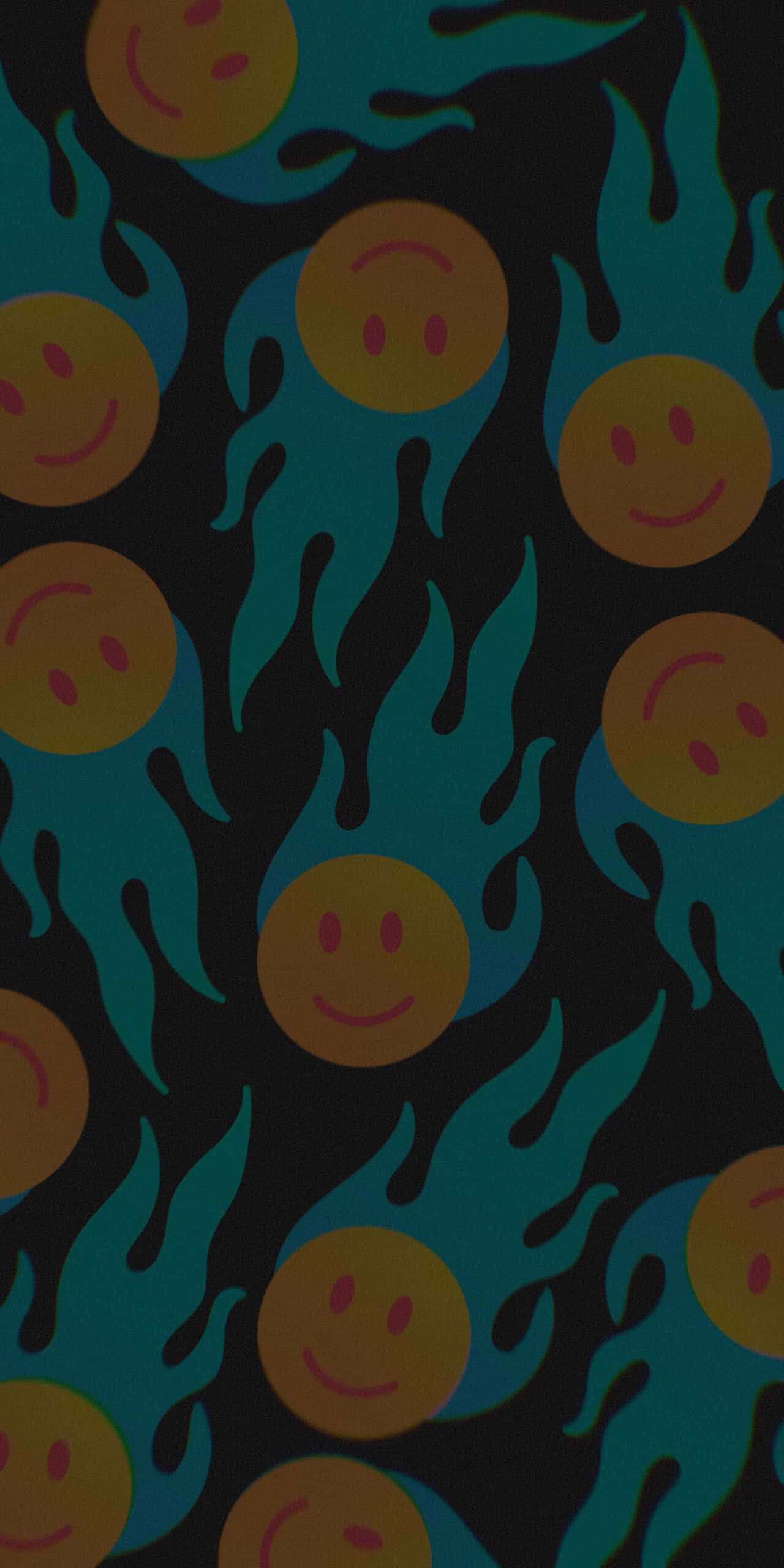 Black Smile Face Phone, teal flames, cheerful yellow smiley faces, 2K Phone Wallpaper
