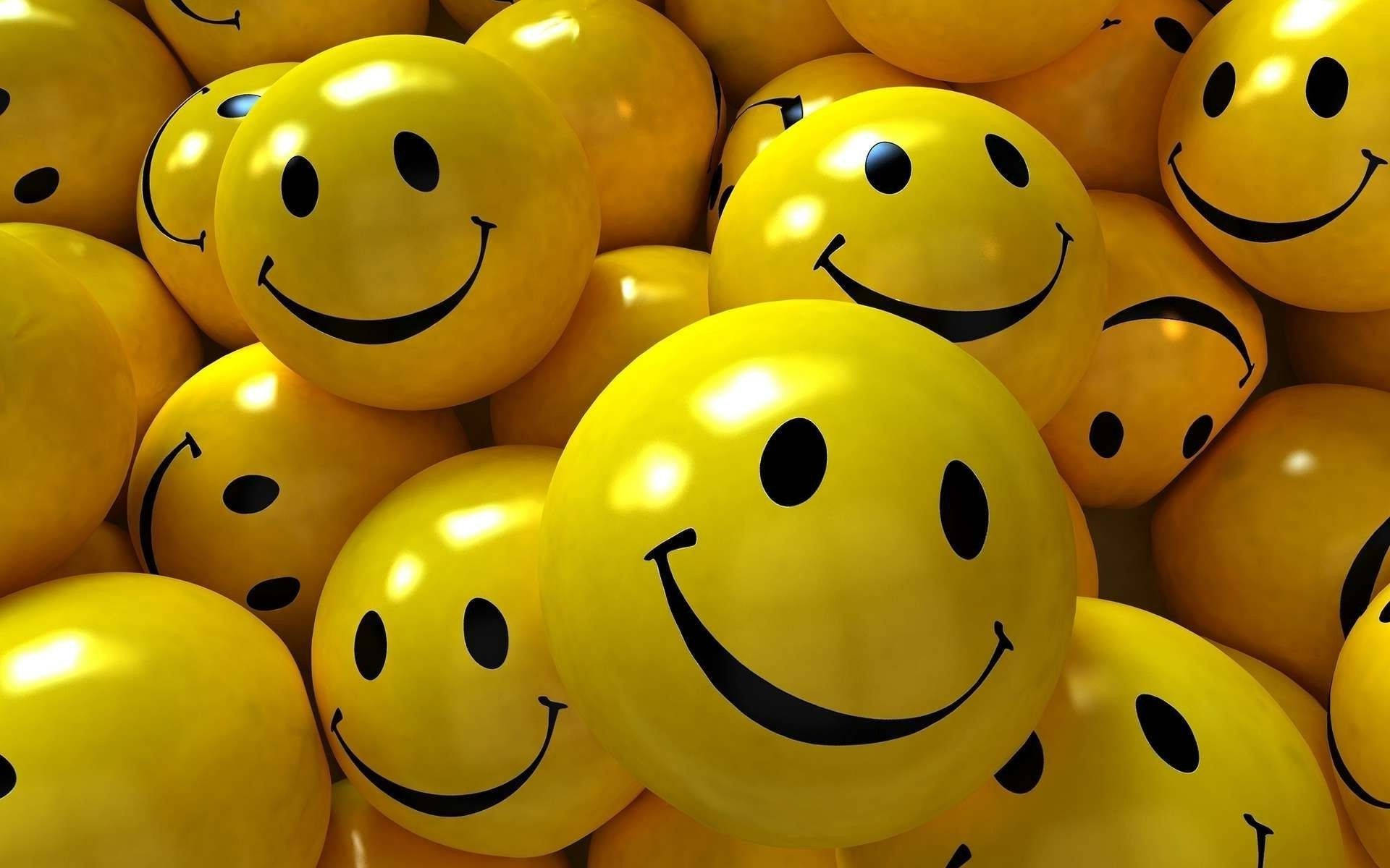 Shiny Smiley Faces, glossy yellow smiley face balloons, bright light, Full HD Desktop Wallpaper