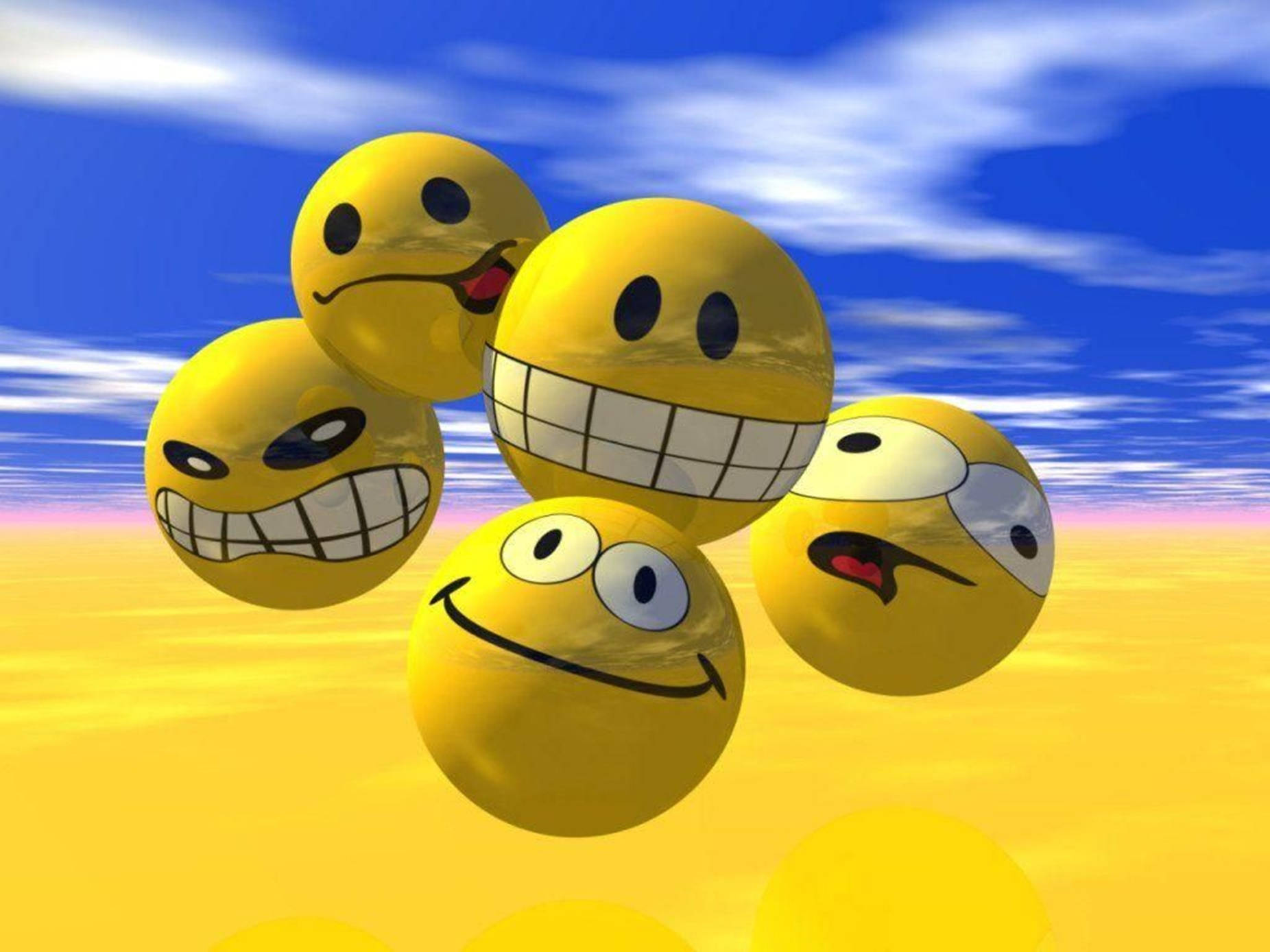 yellow emoji balls, glossy, vibrant blue sky, HD Desktop Wallpaper
