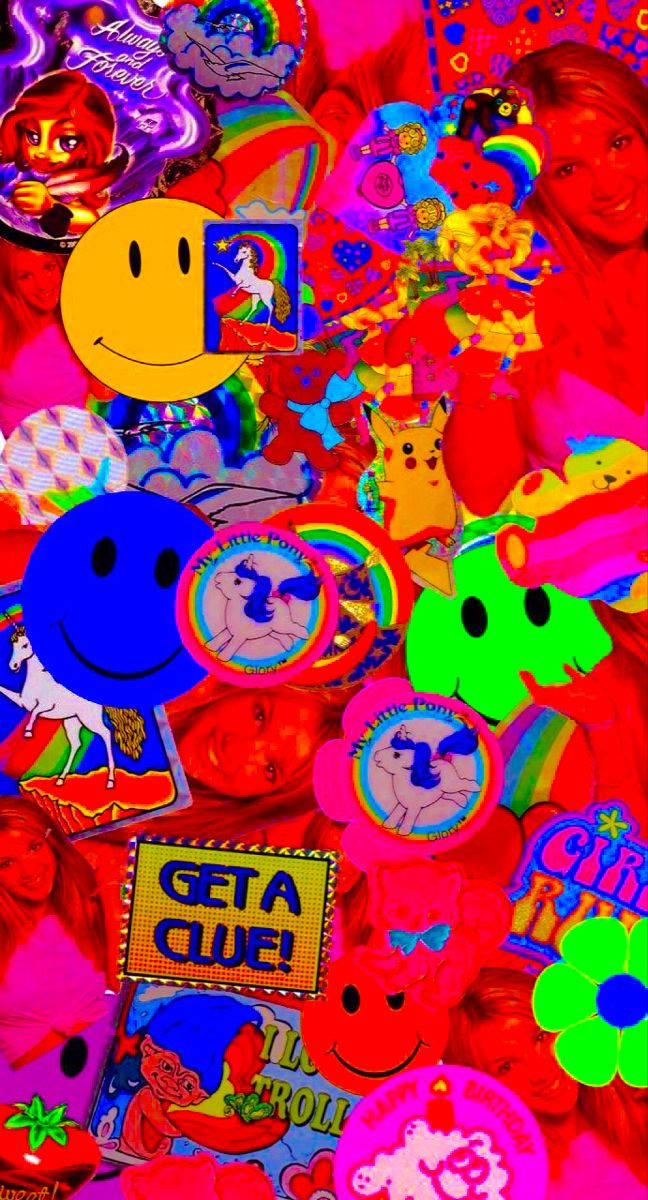 indie kid aesthetic, red blue smiling face, neon pink, SD Phone Wallpaper