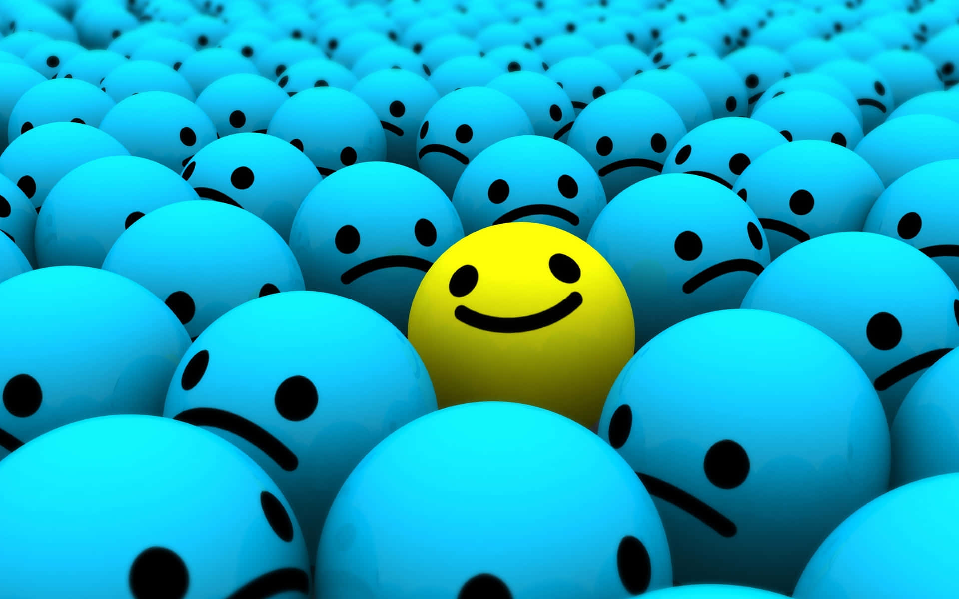 bright yellow smiling face, blue frowning faces, digital 3d-rendered scene, Full HD Desktop Wallpaper