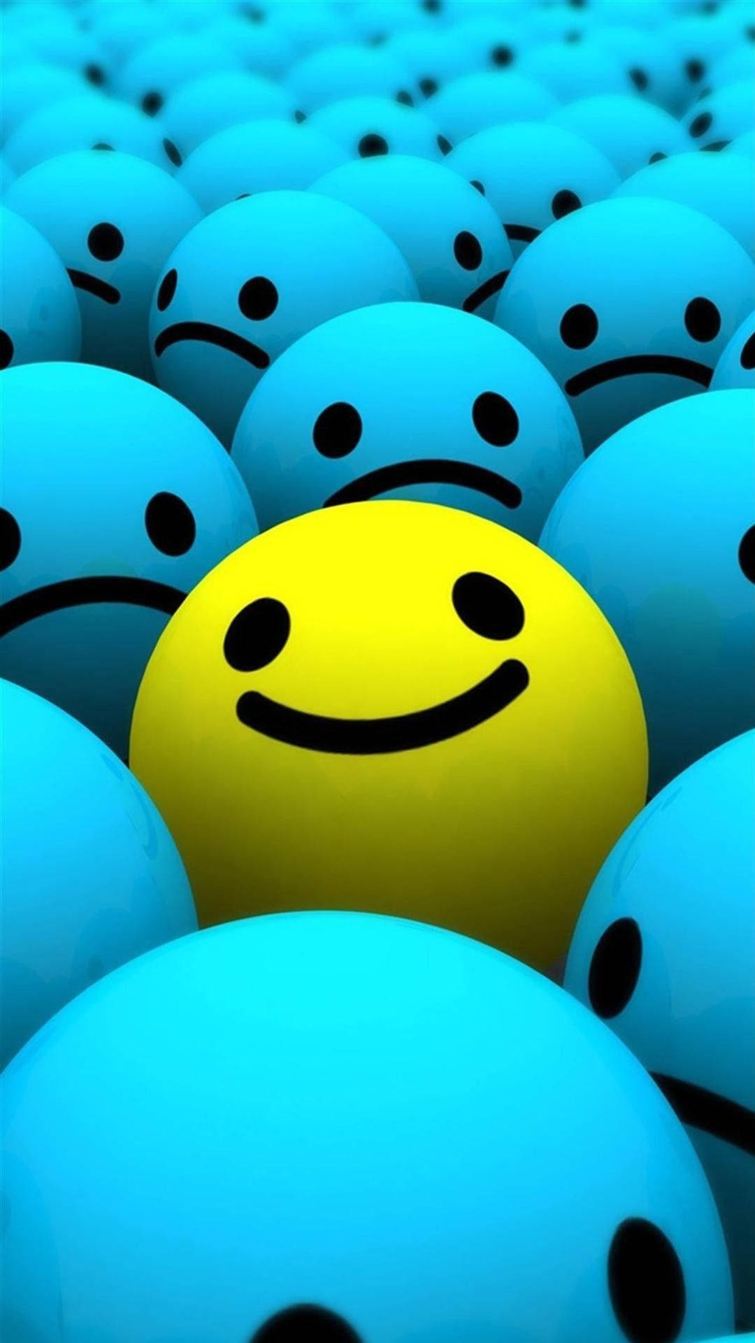 Smiley Ball, blue frowning emojis, bright yellow smiling emoji, Full HD Phone Wallpaper