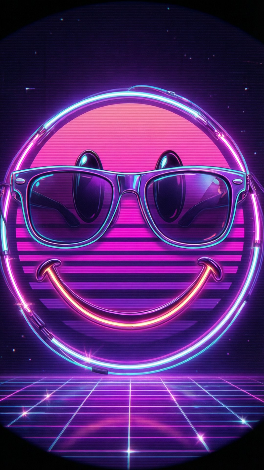 retro neon smiley shades, glowing neon smiley face, sunglasses, Full HD Phone Wallpaper