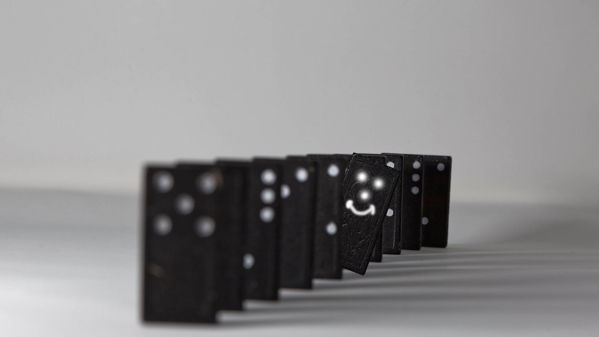 smiling face tile, black dominoes, soft gray background, Full HD Desktop Wallpaper