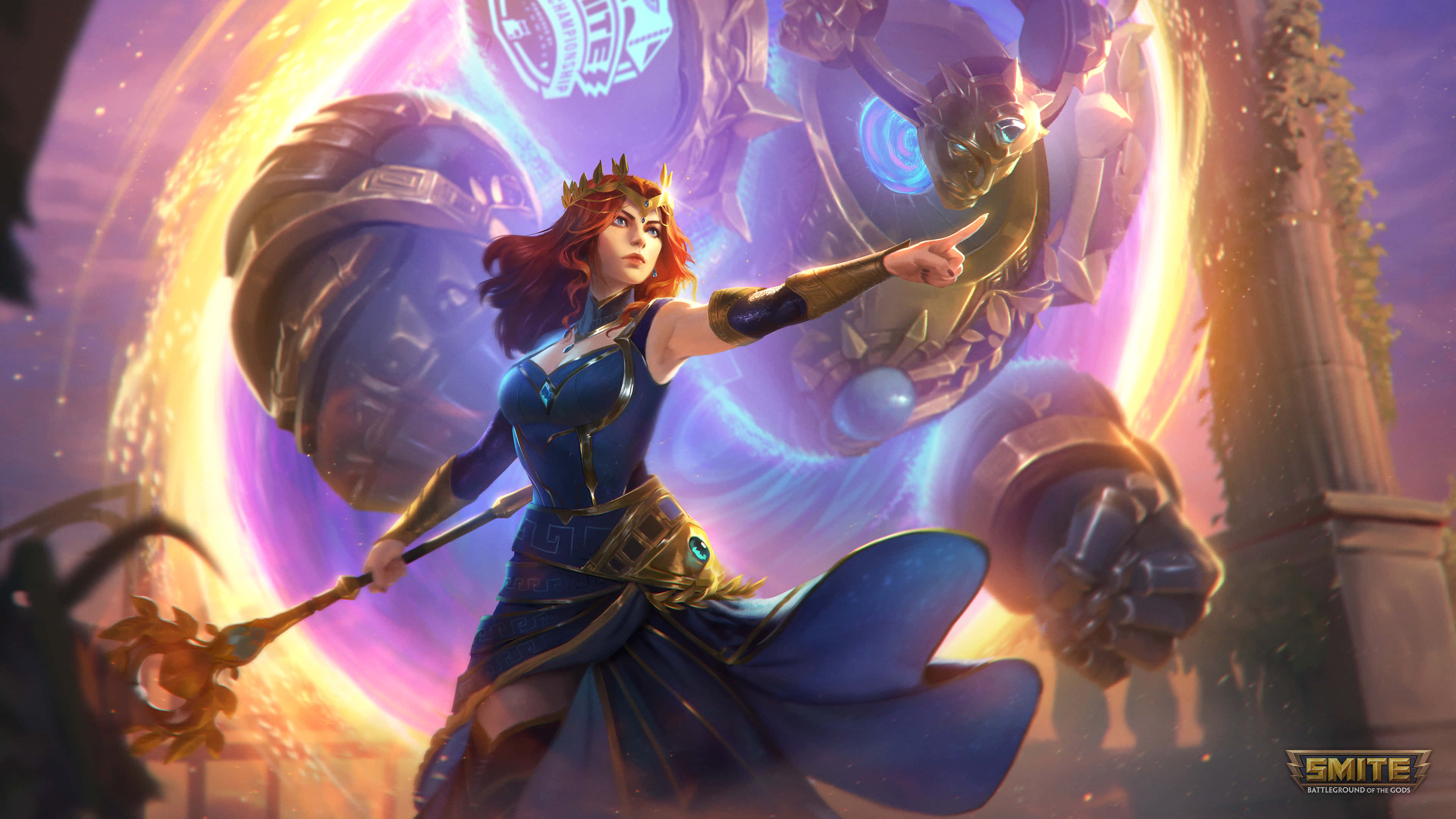 Smite, red-haired queen, blue armor, 4K Desktop Wallpaper