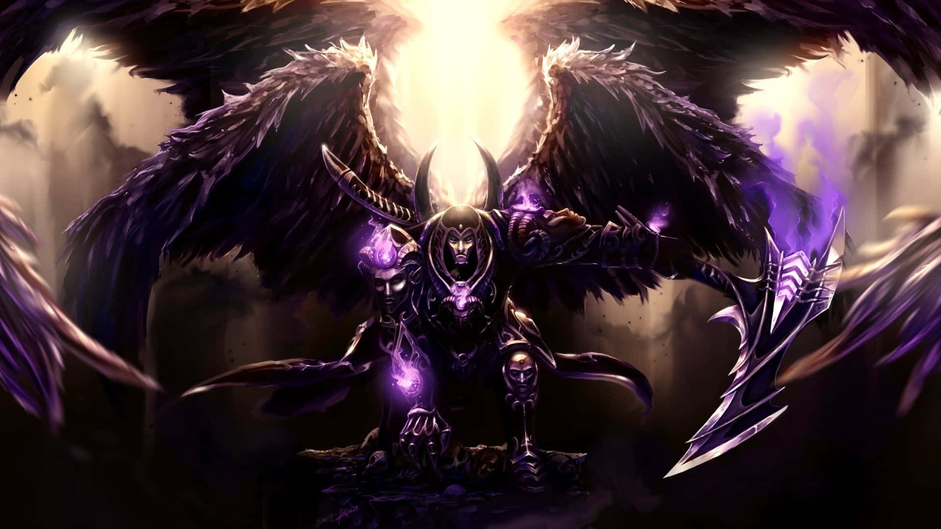 Smite, purple angel, massive purple wings, Full HD Desktop Wallpaper
