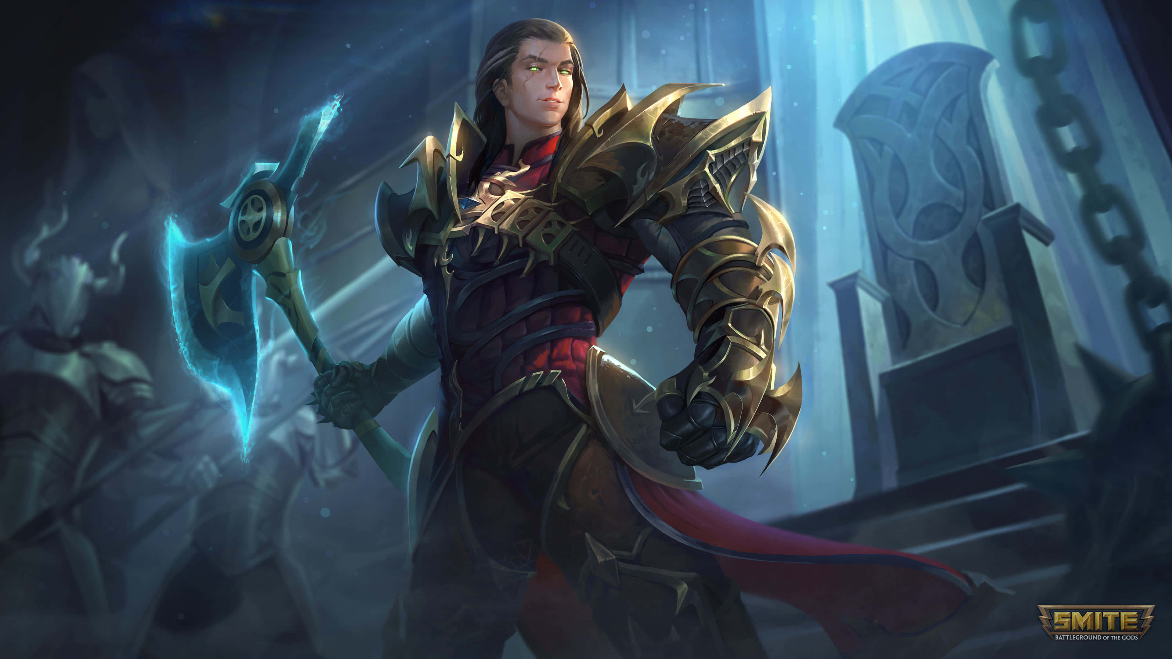 Smite, golden armor, glowing blue axe, 4K Desktop Wallpaper