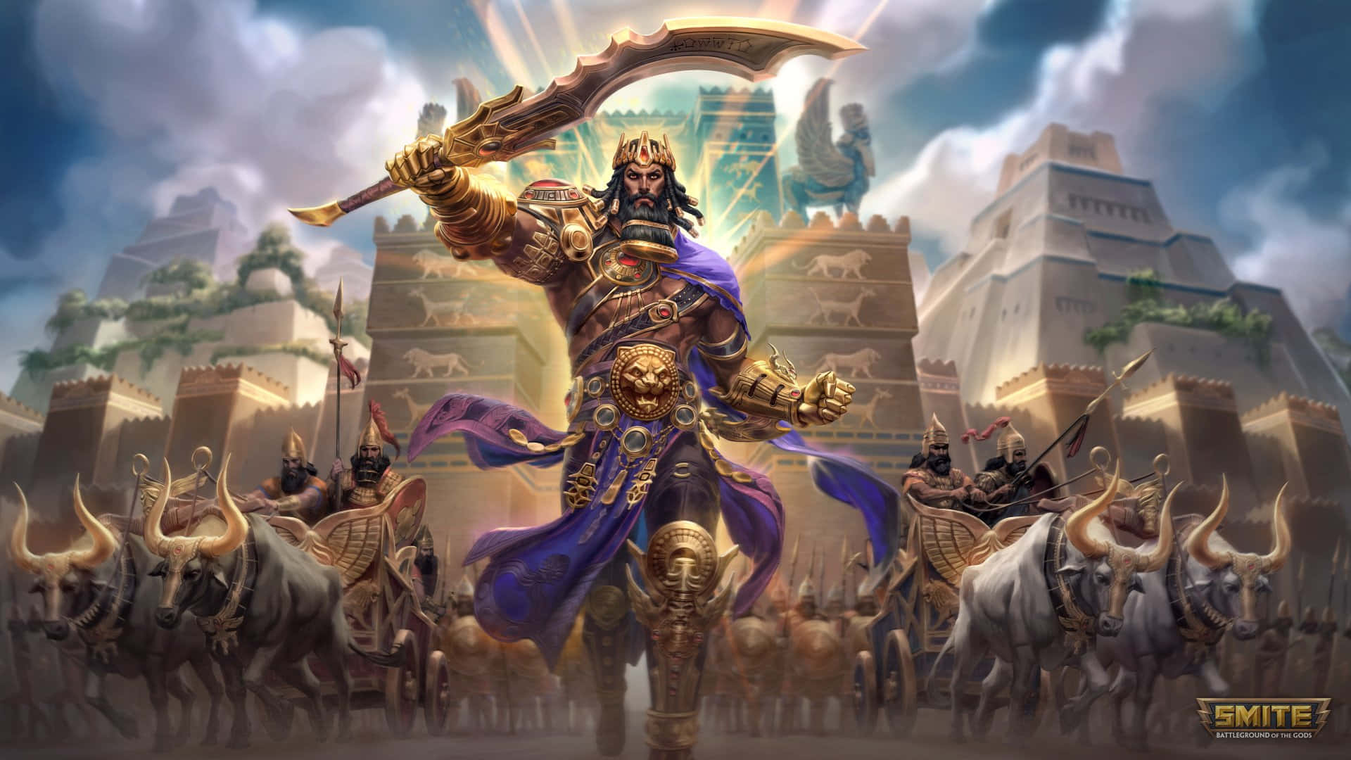 Smite, golden-armored warrior, massive curved sword, Full HD Desktop Wallpaper