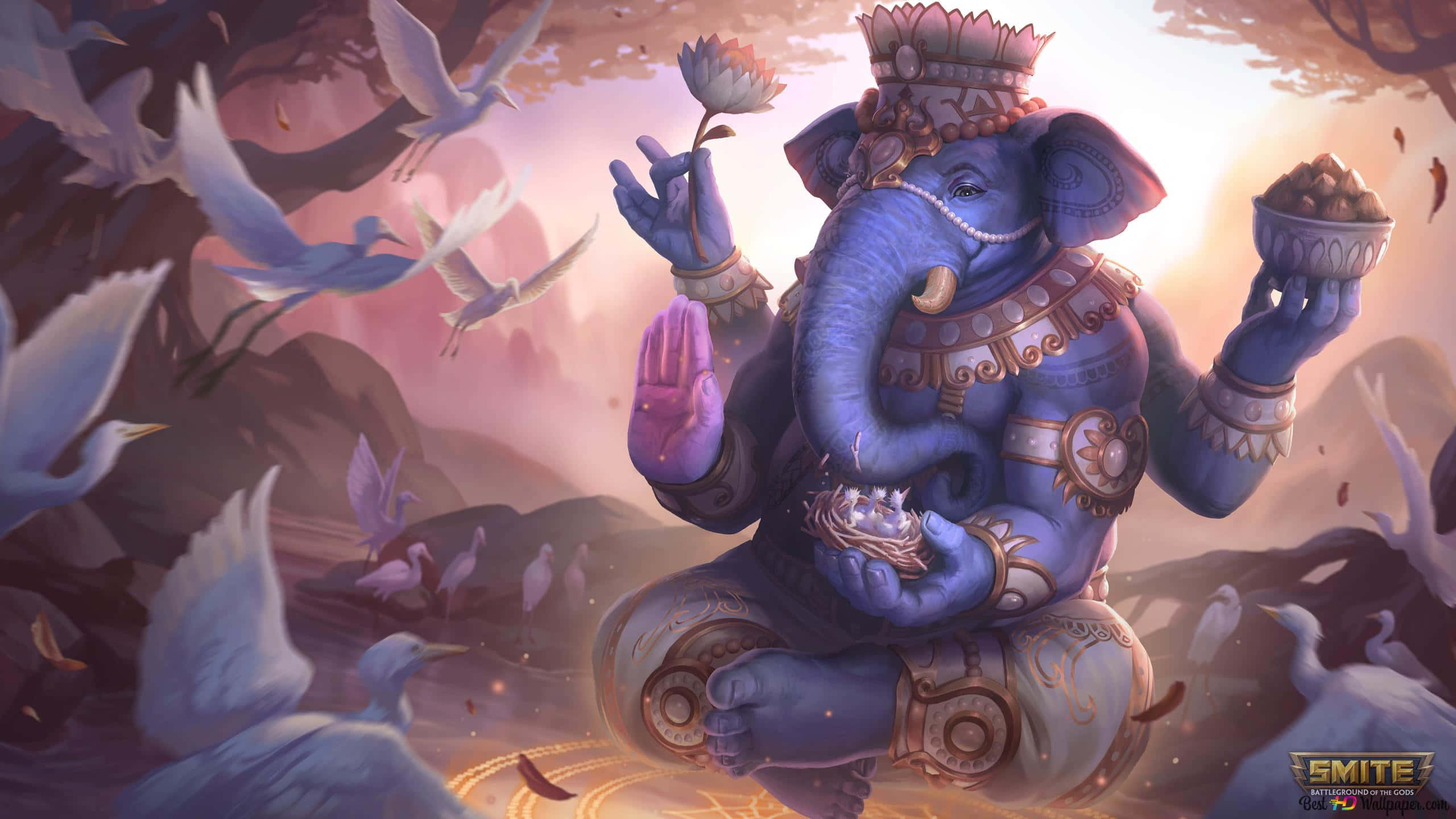 Smite, blue elephant-headed deity, glowing birds, 2K Desktop Wallpaper