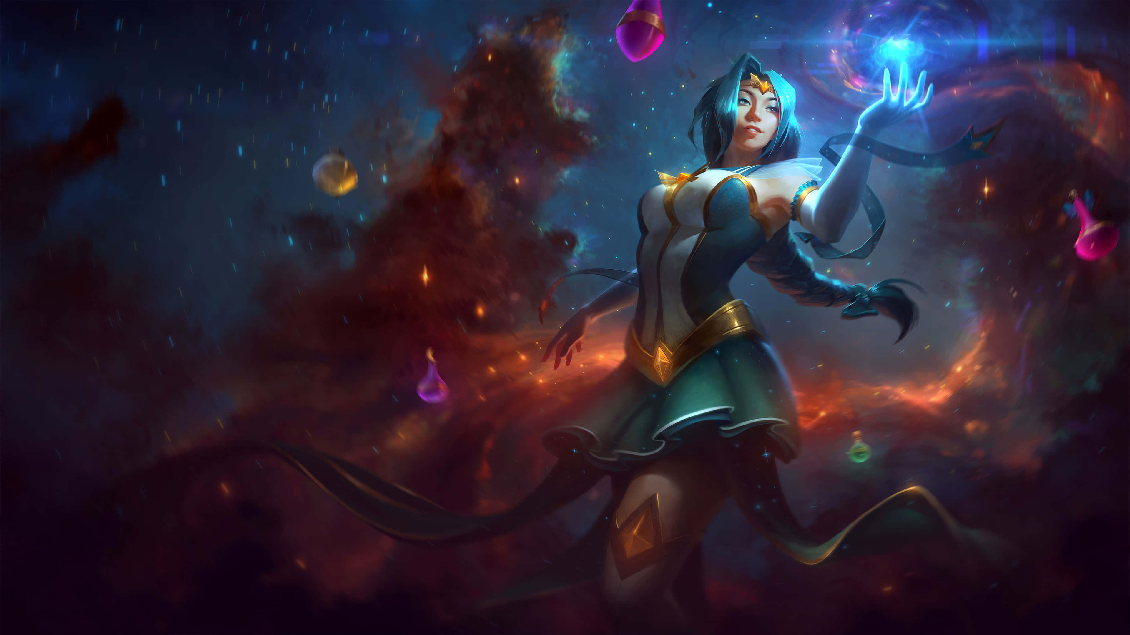 Smite, blue hair, glowing magic orbs, 4K Desktop Wallpaper