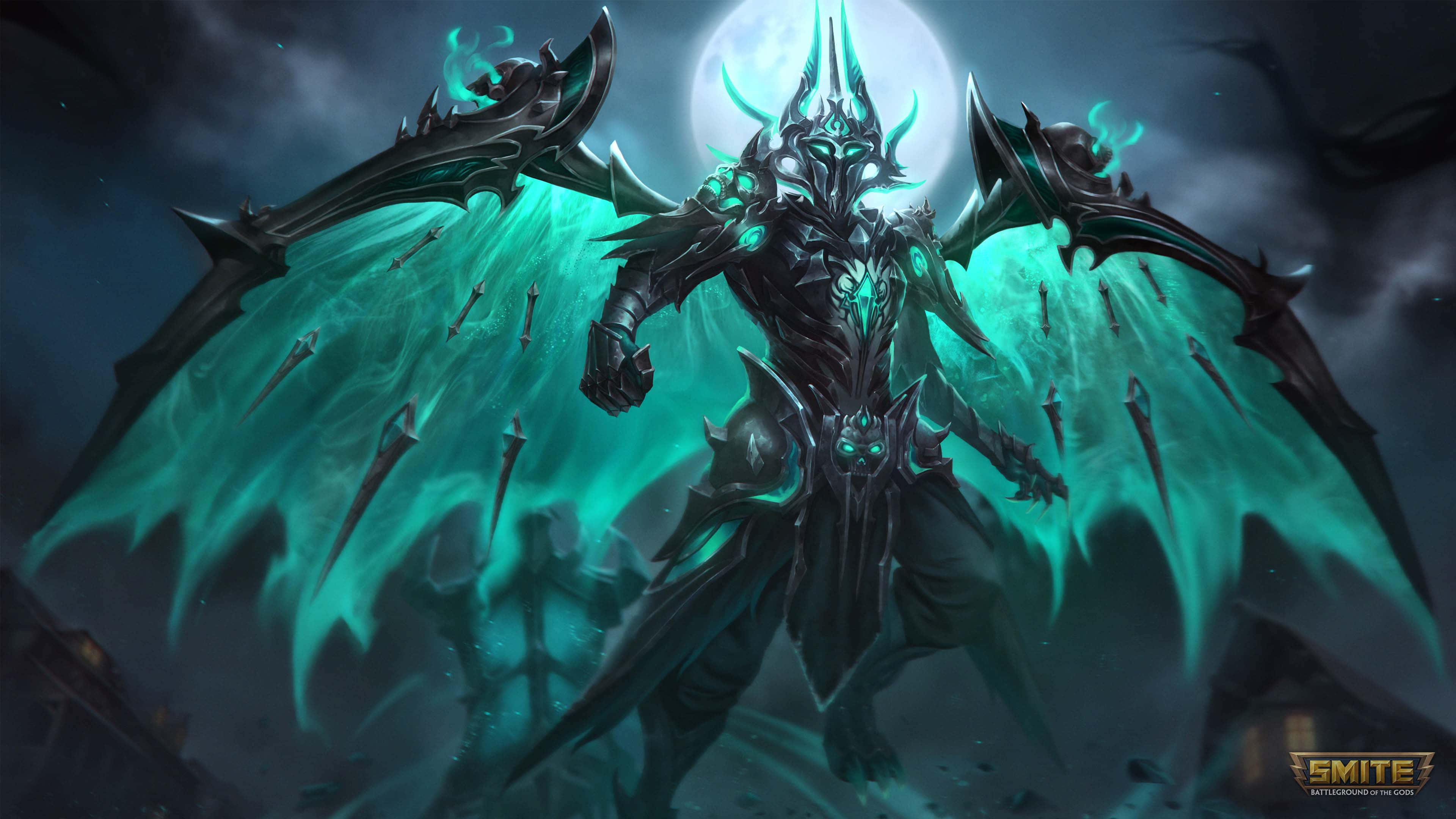 Smite, glowing teal wings, floating blades, 4K Desktop Wallpaper