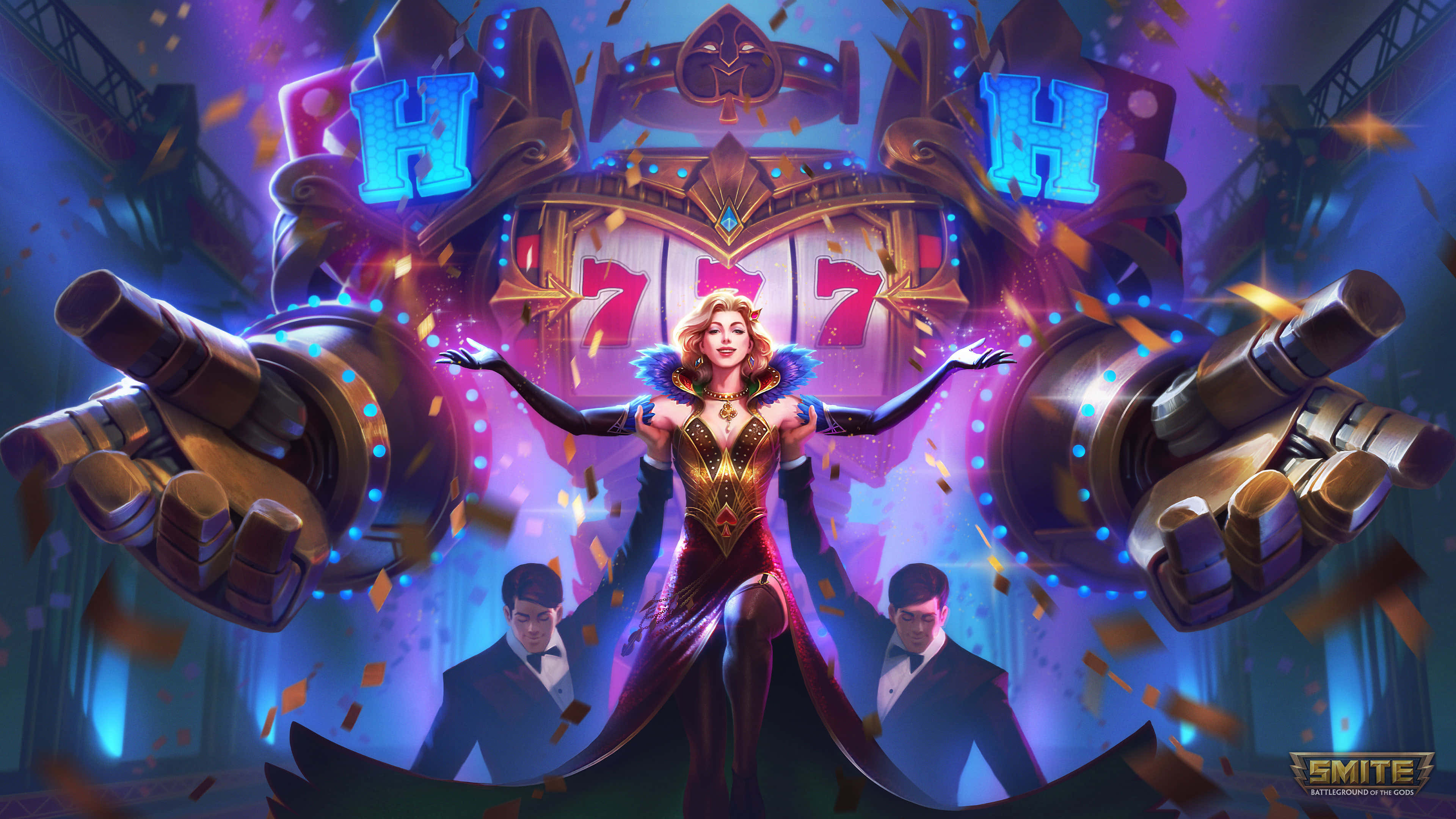 Smite, giant slot machine, glowing symbols, 4K Desktop Wallpaper