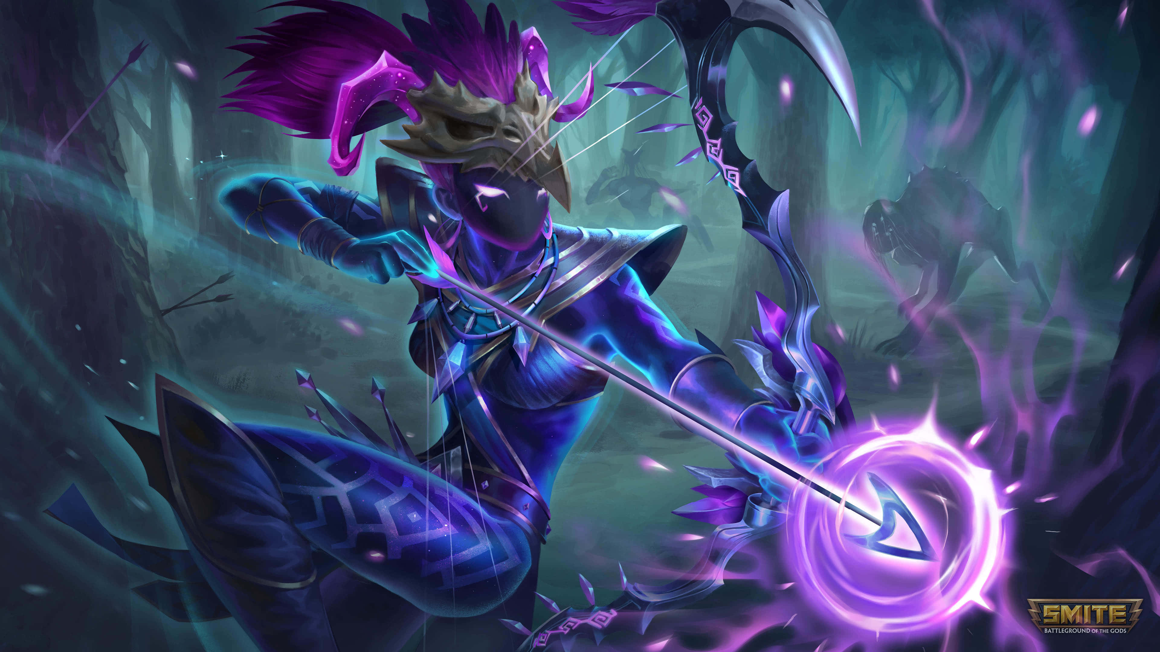 Smite, purple-haired warrior, blue armor, 4K Desktop Wallpaper
