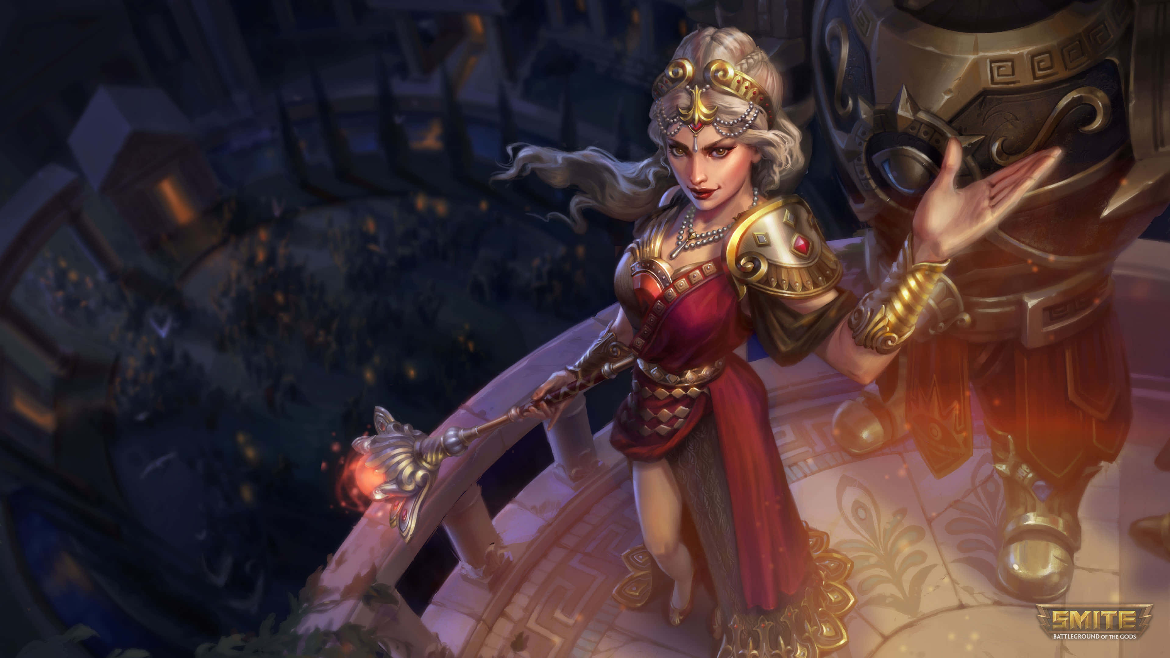 Smite, regal fantasy warrior woman, ornate golden armor, 4K Desktop Wallpaper