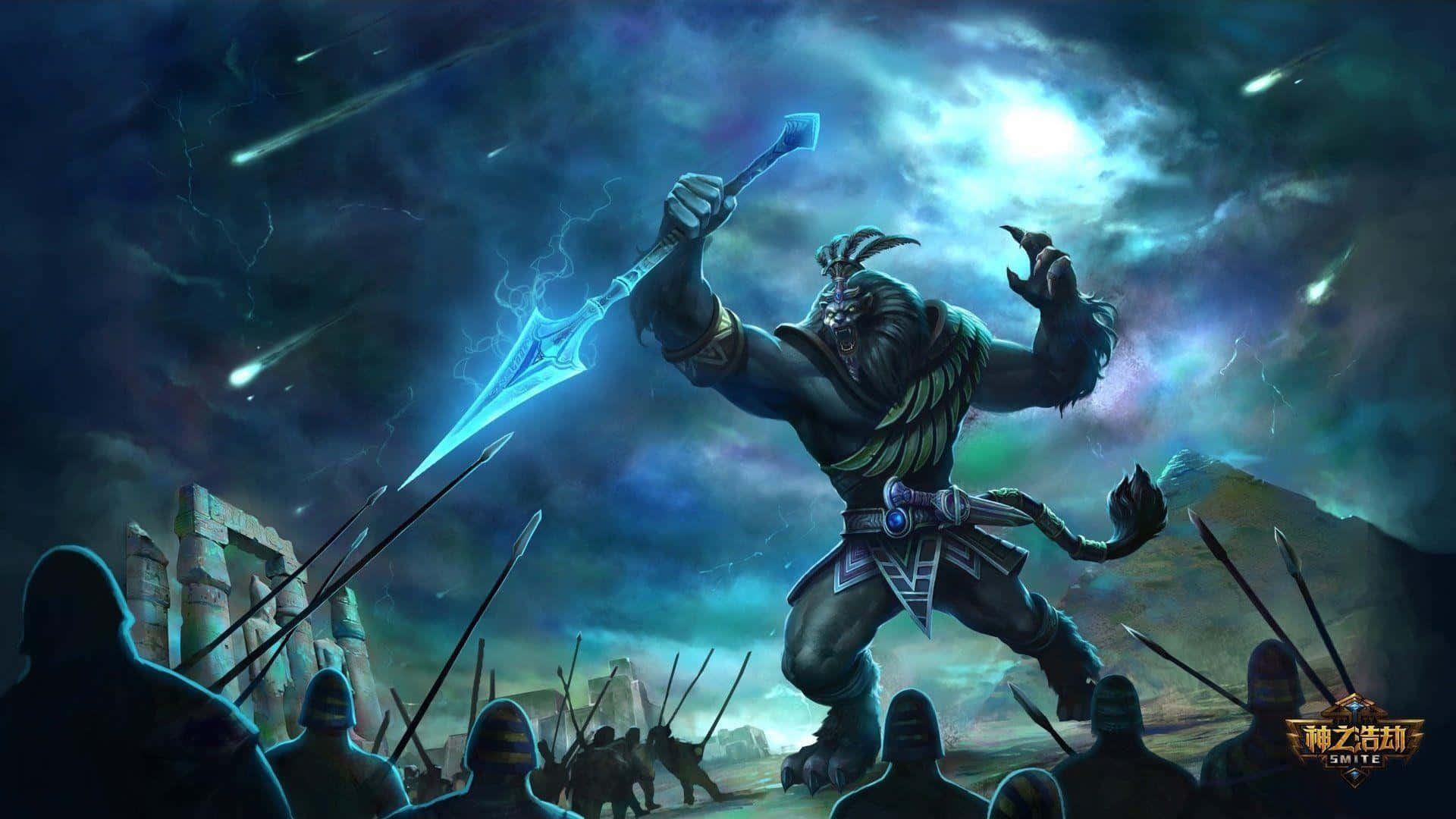 Smite, demonic warrior, glowing blue spear, Full HD Desktop Wallpaper