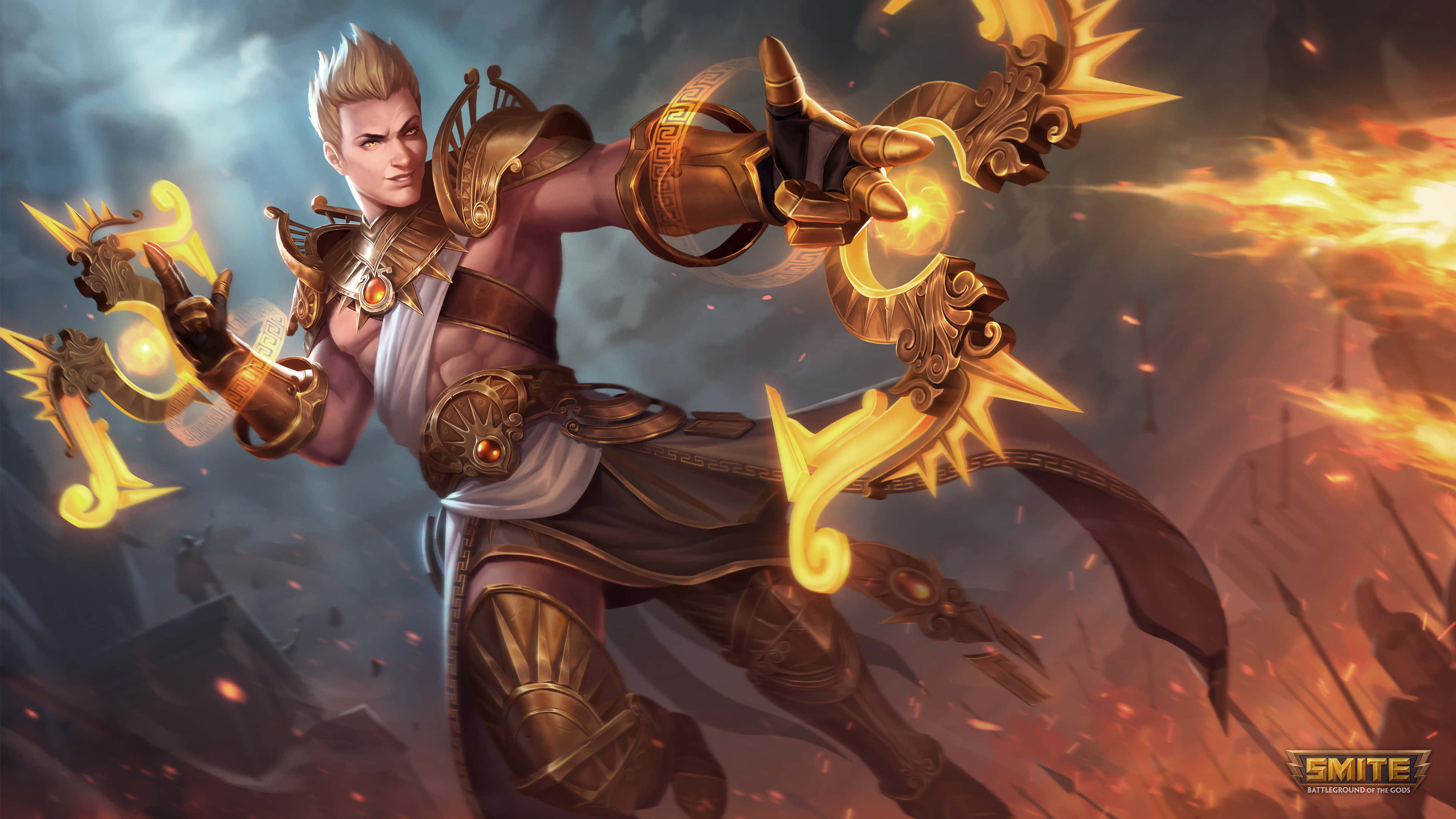Smite, muscular warrior, ornate golden armor, 4K Desktop Wallpaper