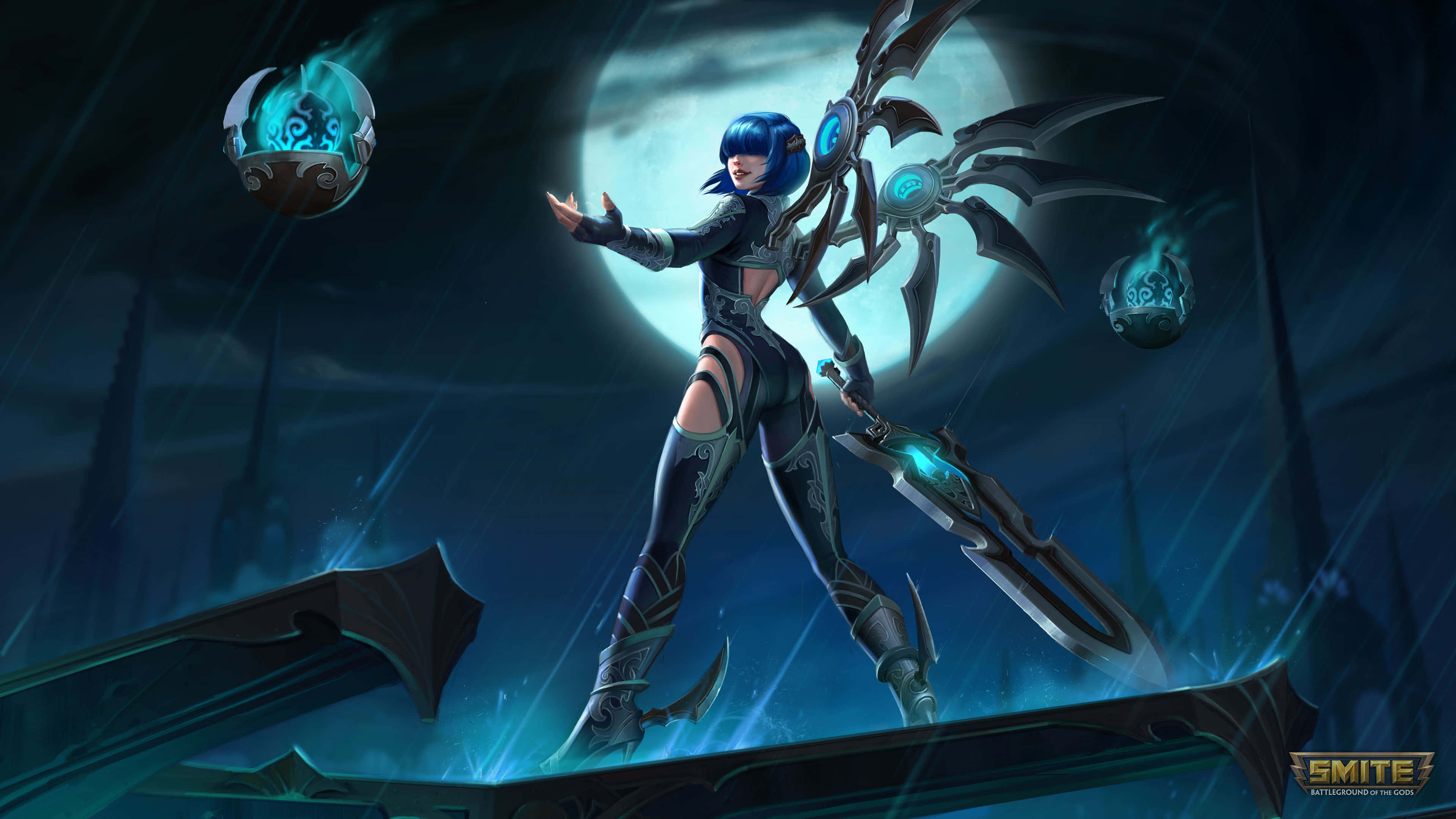 Smite, blue-haired warrior, dark armor, 4K Desktop Wallpaper