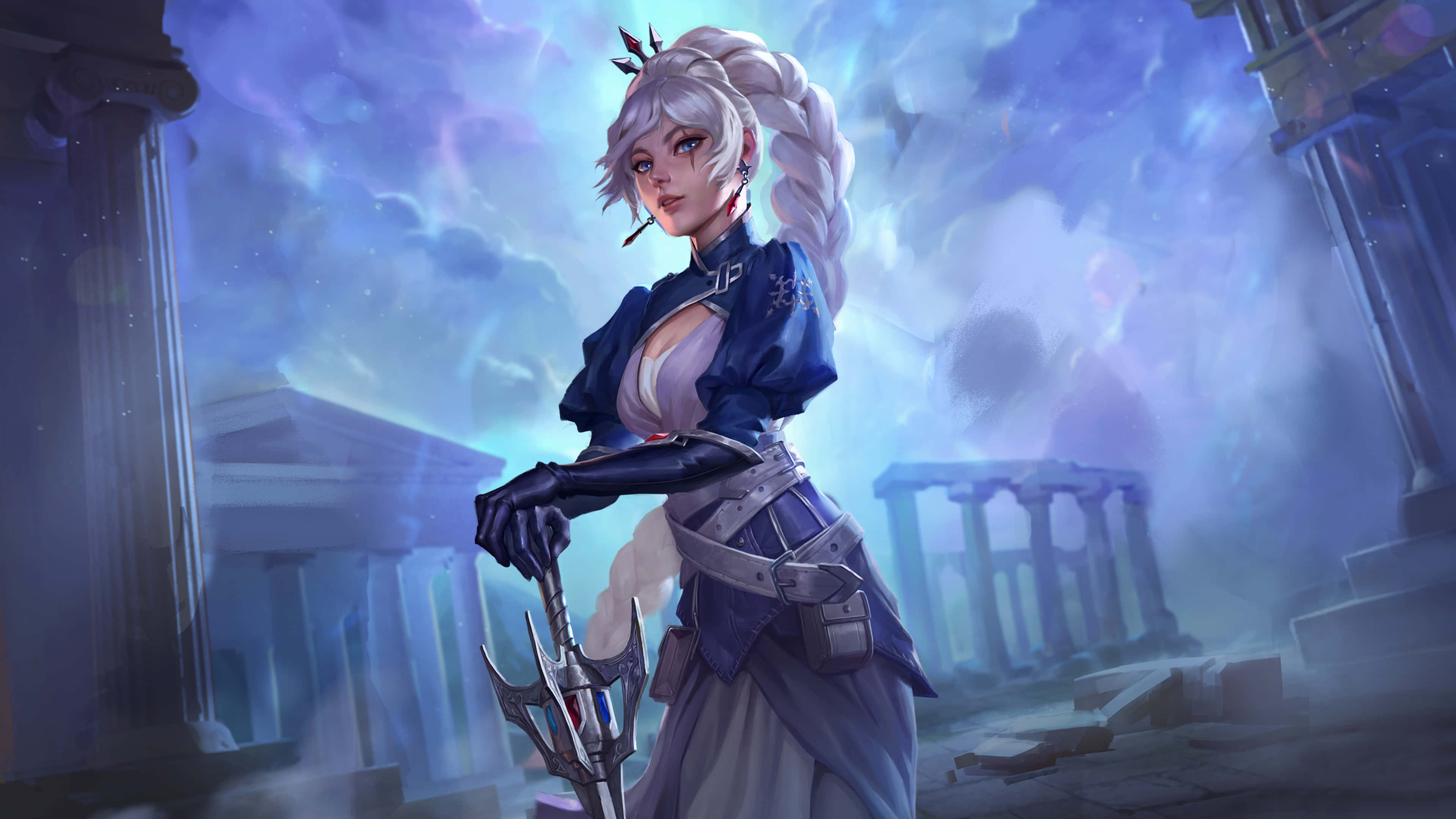 Smite, silver-haired warrior, blue armor, 4K Desktop Wallpaper
