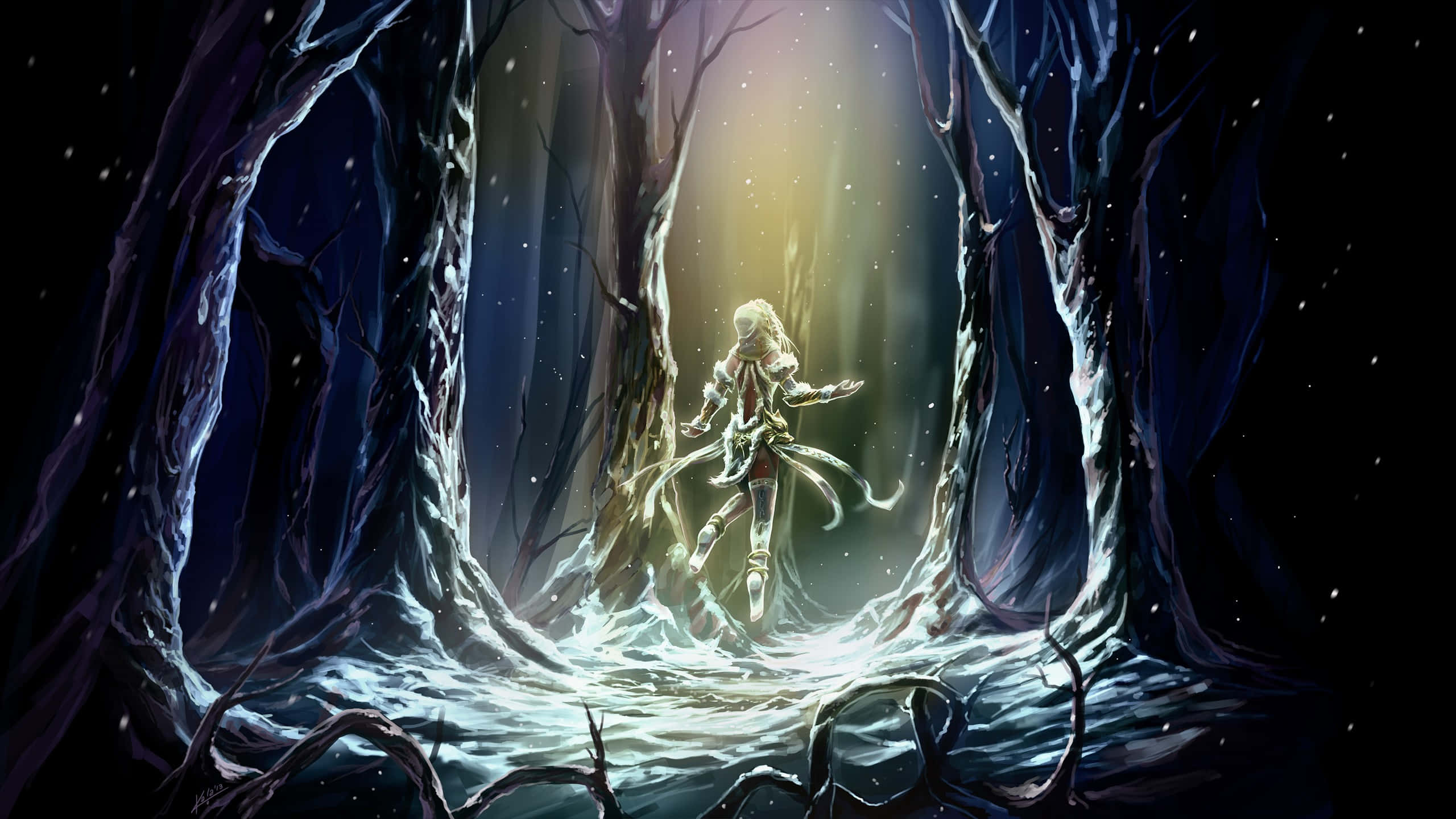 SMITE, glowing figure, dark forest, 2K Desktop Wallpaper