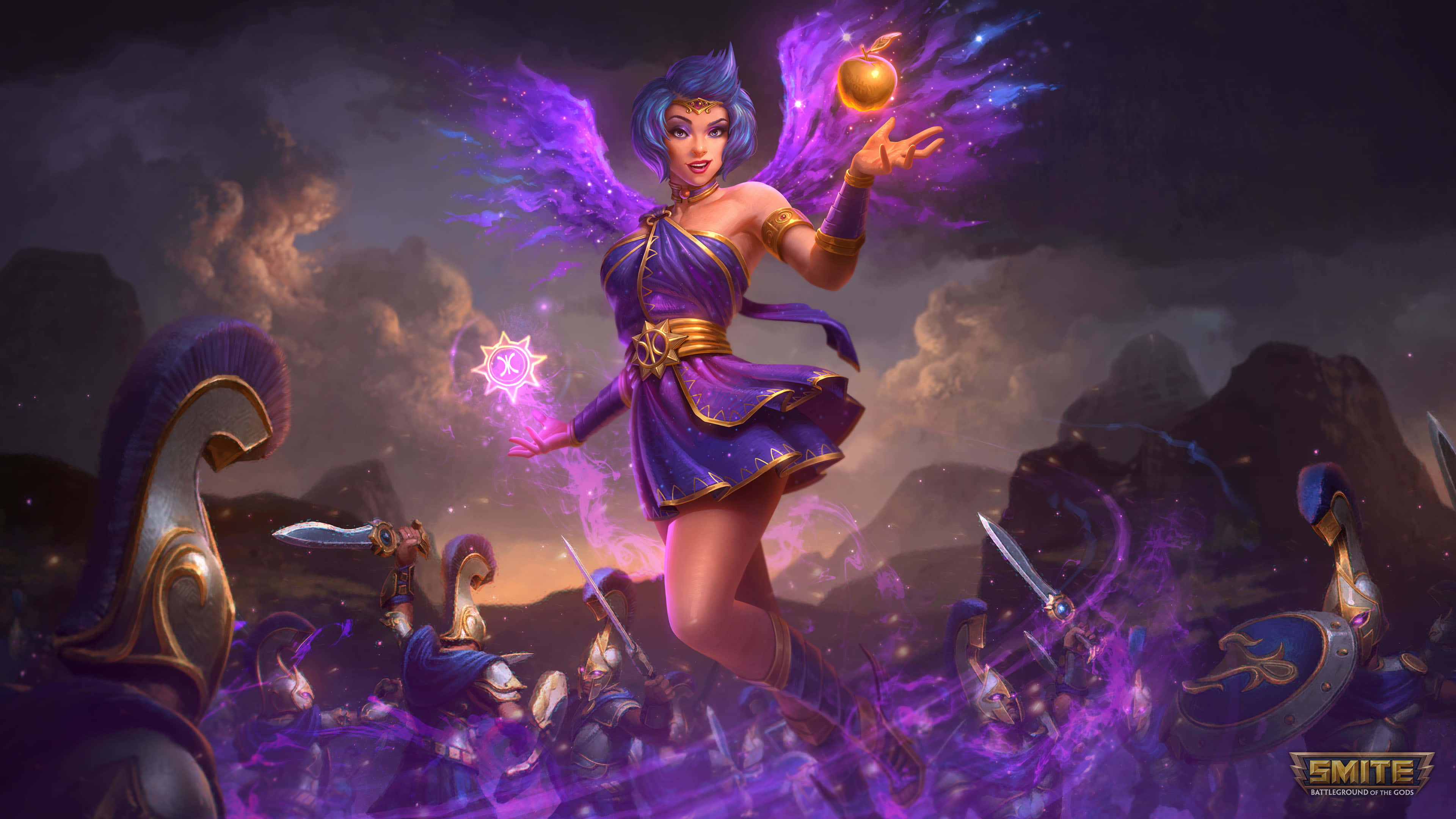 Smite, purple-winged goddess, flowing gown, 4K Desktop Wallpaper