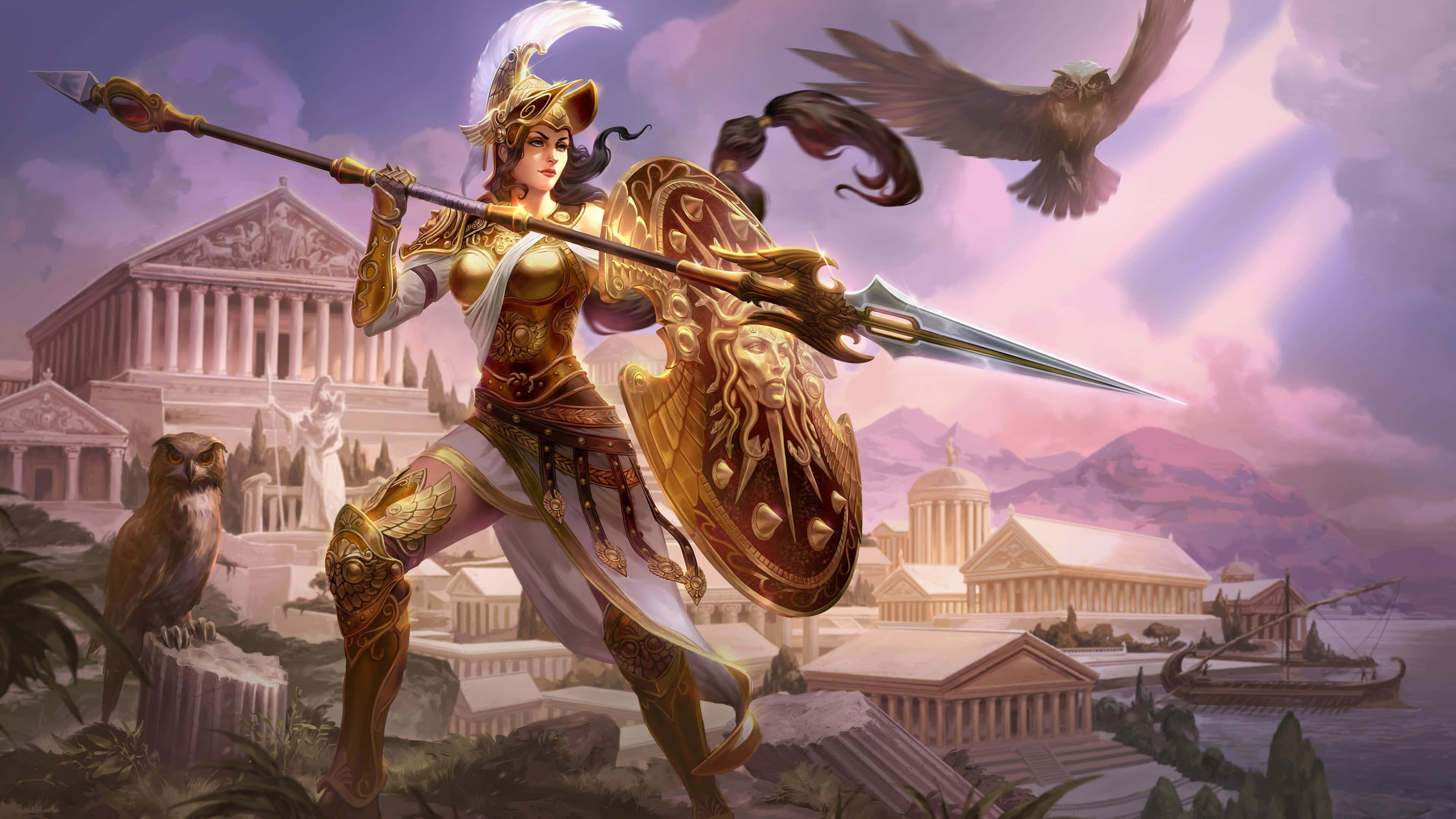 Smite, golden-armored warrior goddess, spear, 4K Desktop Wallpaper