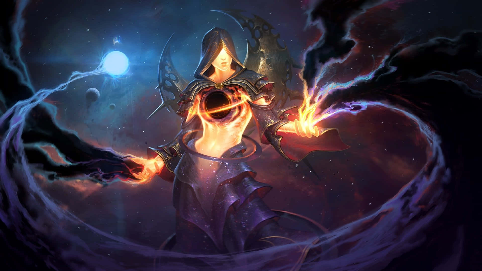 Smite, hooded cosmic sorceress, fiery energy, Full HD Desktop Wallpaper