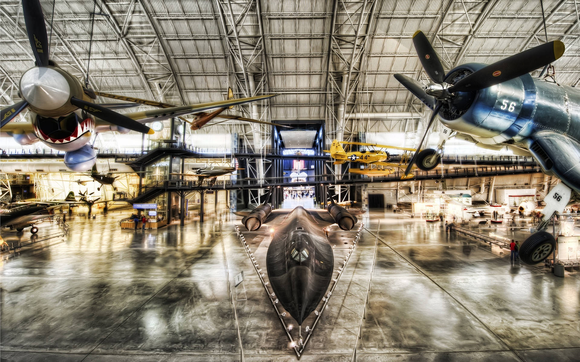 Smithsonian, vintage fighter planes, sleek black stealth bomber, Full HD Desktop Wallpaper