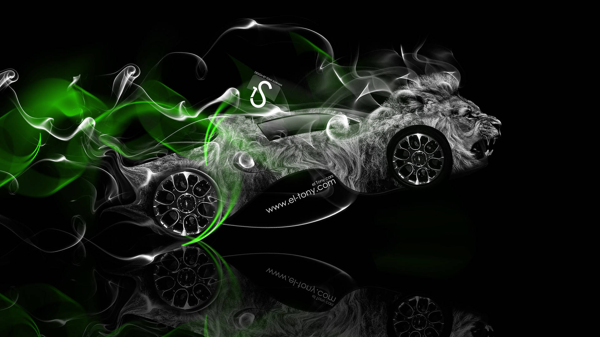 black car, green smoke, roaring lion head, Full HD Desktop Wallpaper