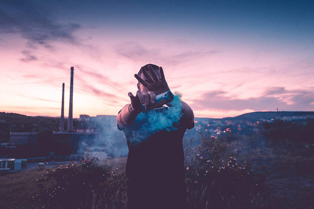 blue smoke bomb, twilight sky, industrial chimneys, SD Desktop Wallpaper