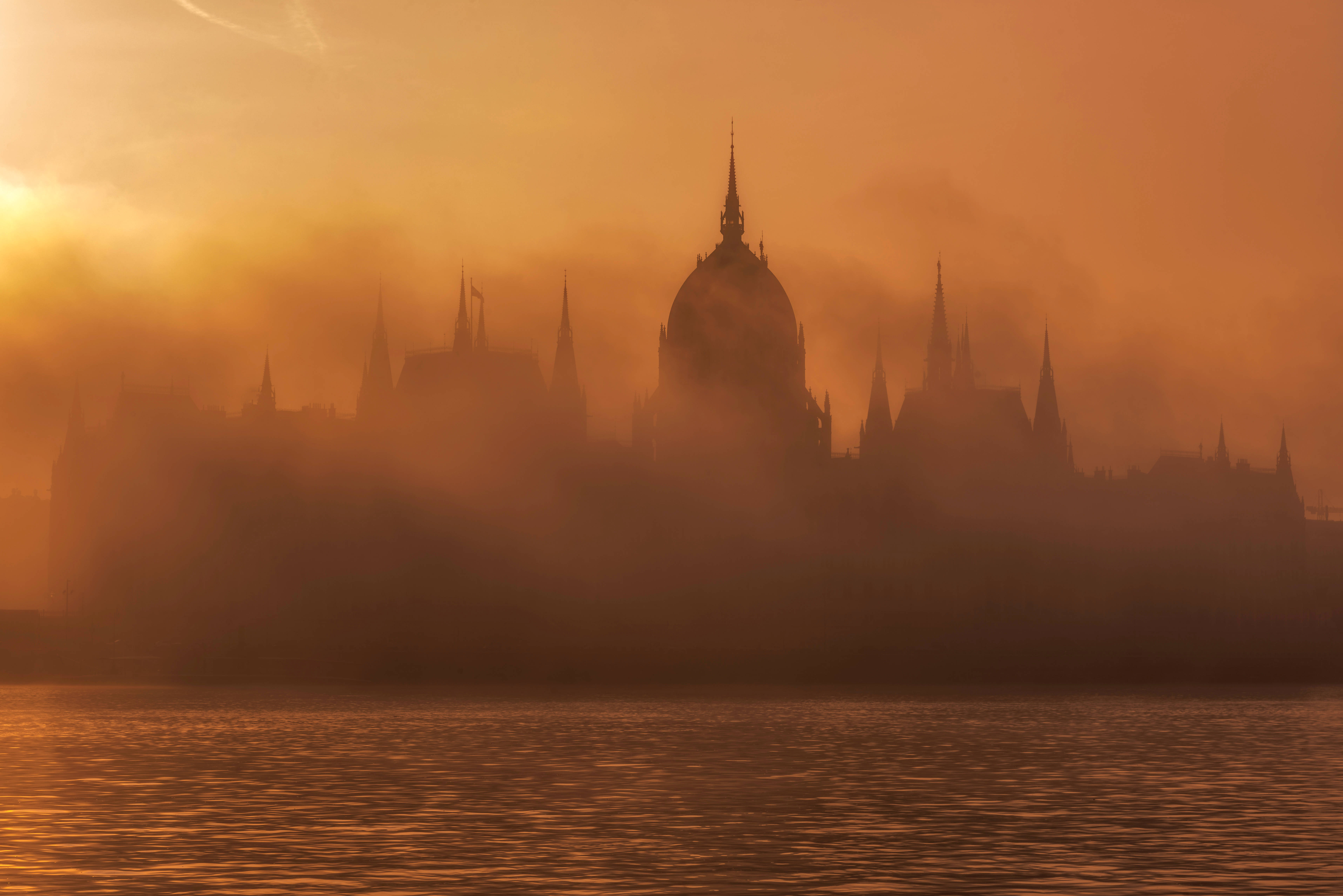 gothic cathedral, golden mist, dawn, 5K Desktop Wallpaper