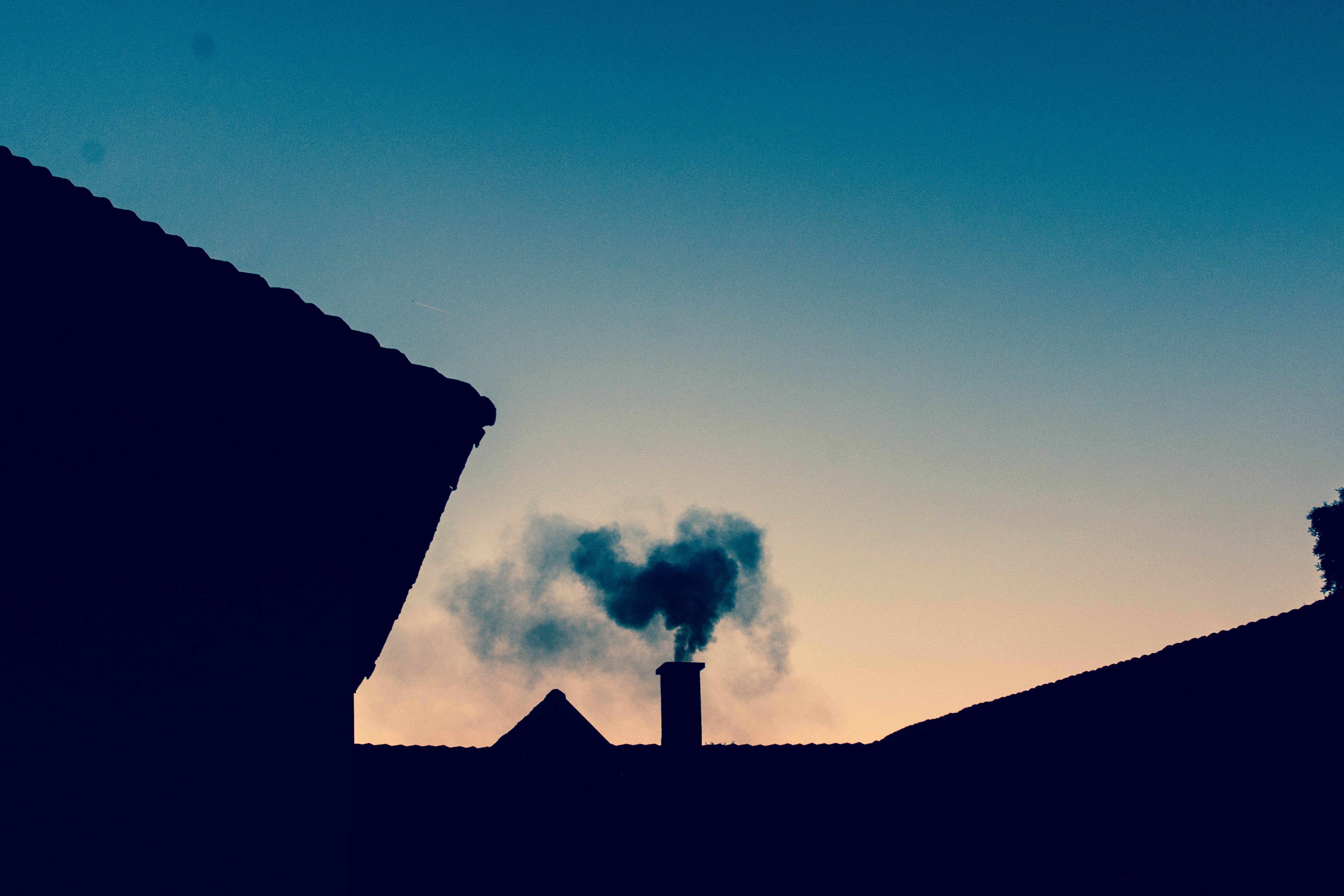 house chimney, smoke, twilight sky gradient, 5K Desktop Wallpaper